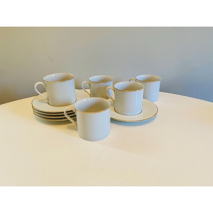 Vintage Dansk Tapestries White Brocade with Gold Rim Cups and Saucers, Set of 5