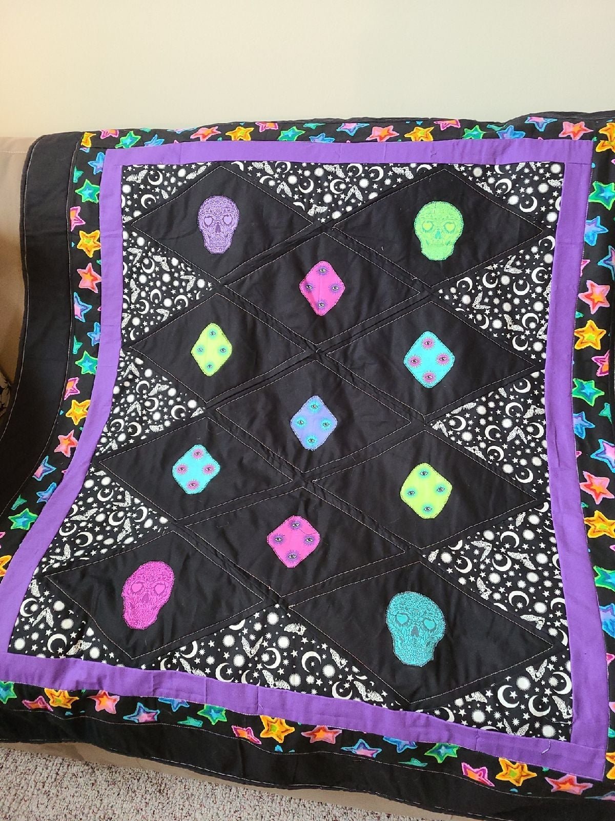 Quilt Handmade Tula Pink Halloween Dia de la Muertos luxe fleece backing