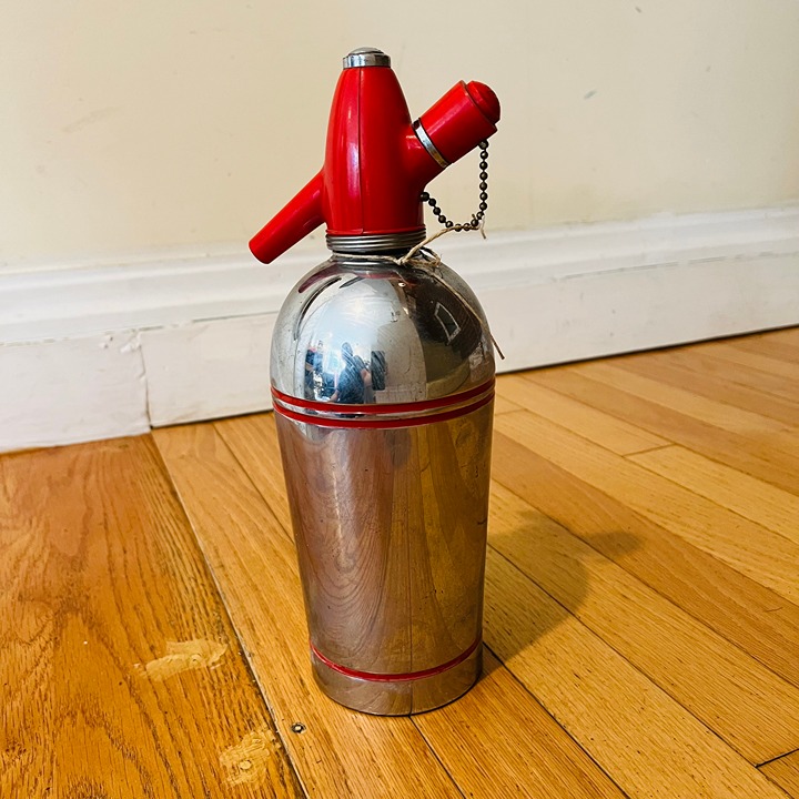 Vintage Sparklets Syphon Seltzer Bottle Soda Water Red Line Chrome England MCM