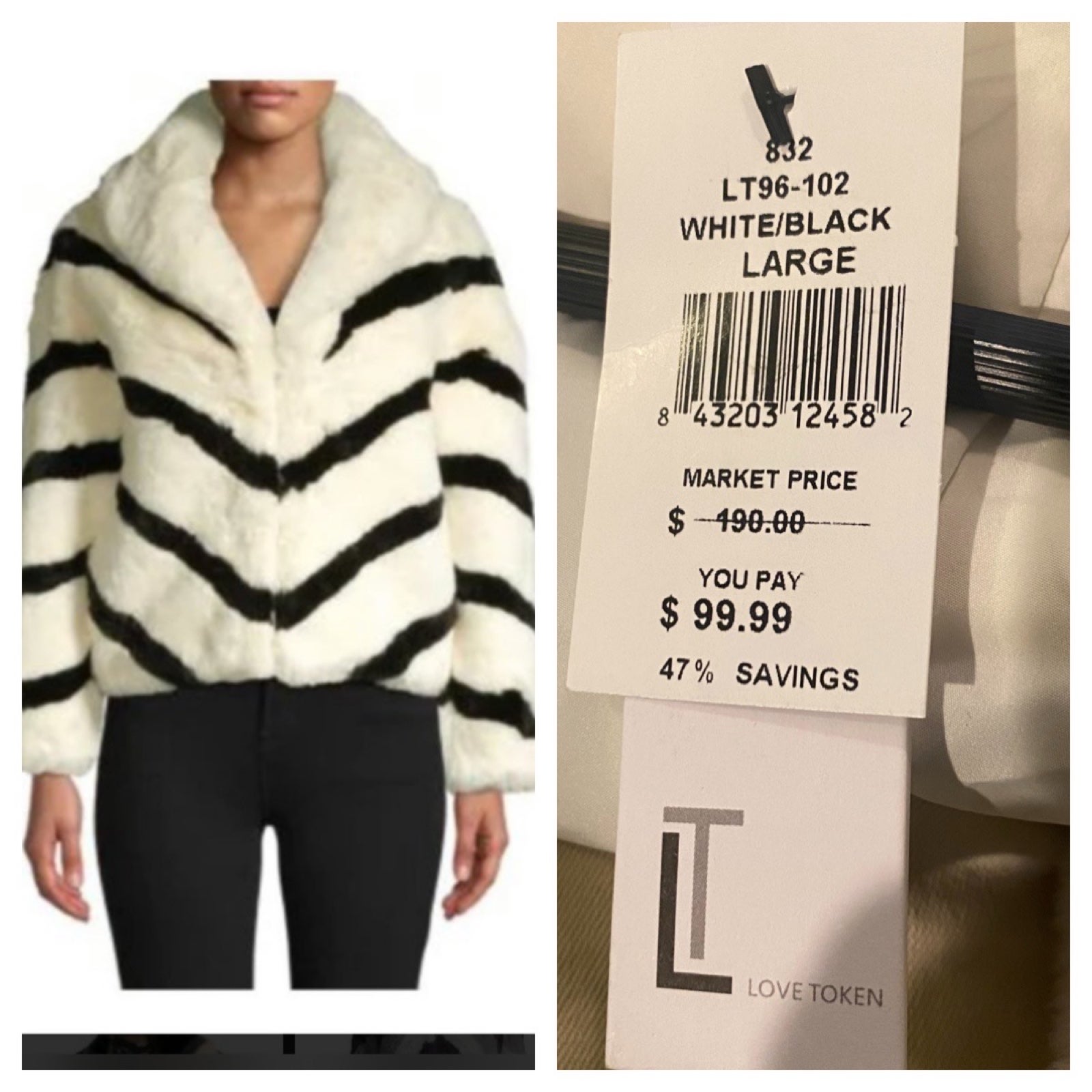 Love Token Faux Fur Chevron stripped Coat L