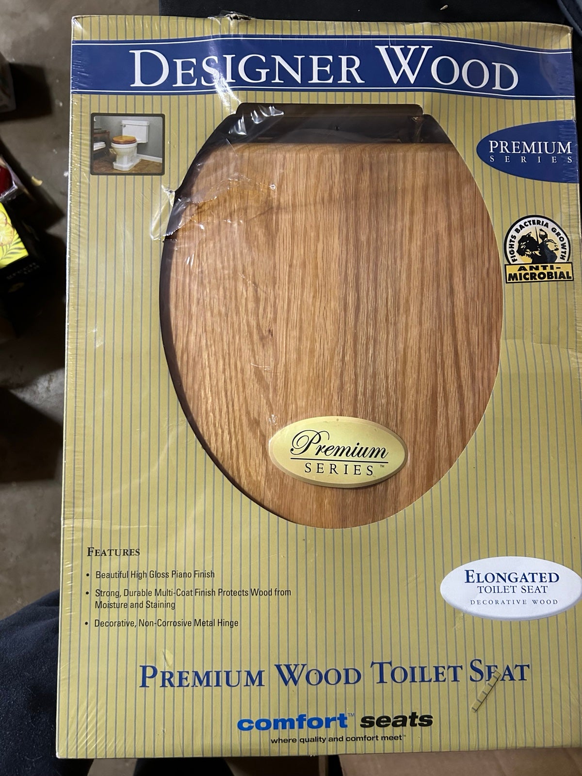 Comfort Seats C2B1E17BR Toilet Seat, Elongated, Oak Brass Hinge