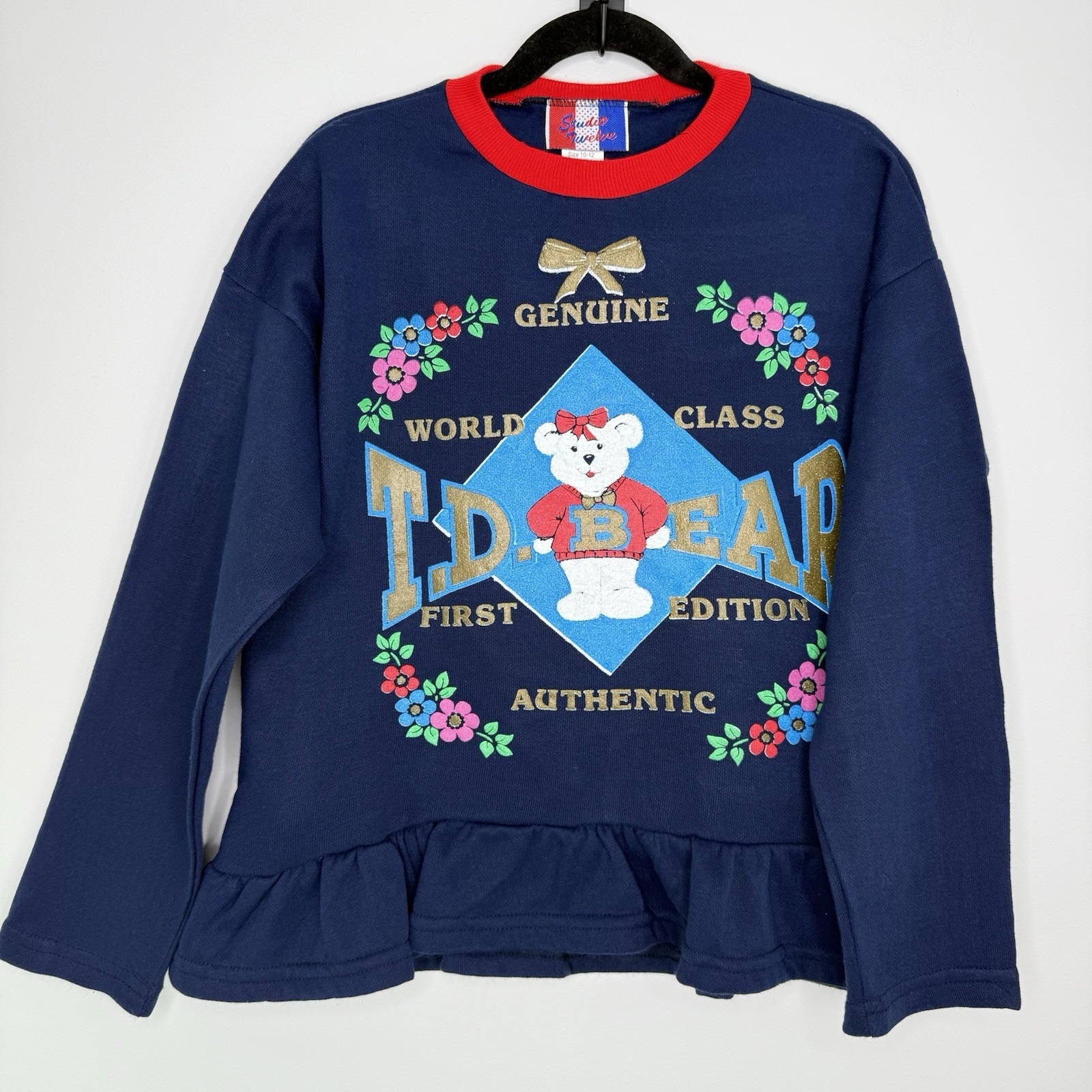 Vintage 80s Studio Twelve Navy & Pink Floral Bear Ruffle T.D Bear Sweatshirt USA
