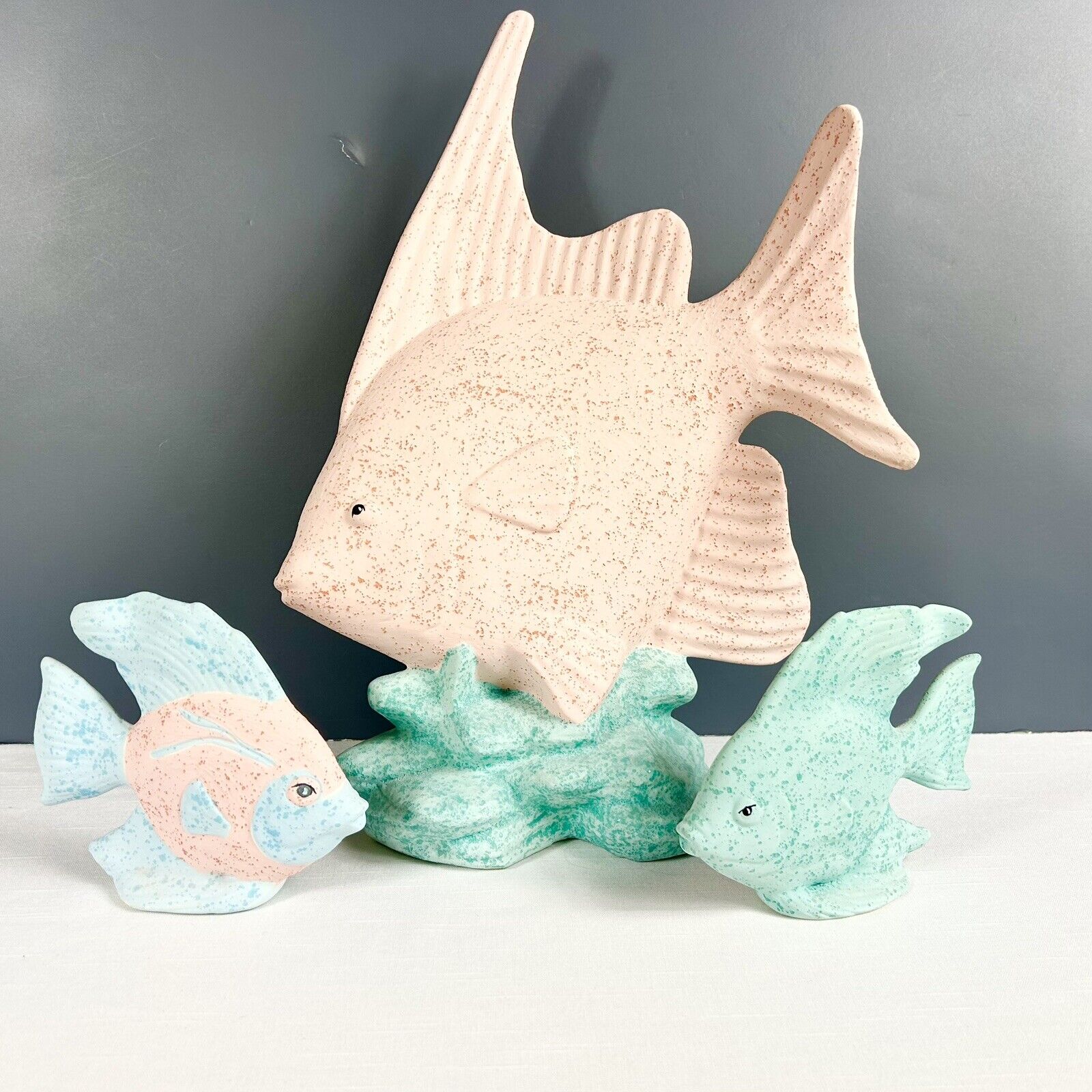 Vintage Ceramic Angel Fish Figurines Peach Blue Pink Set