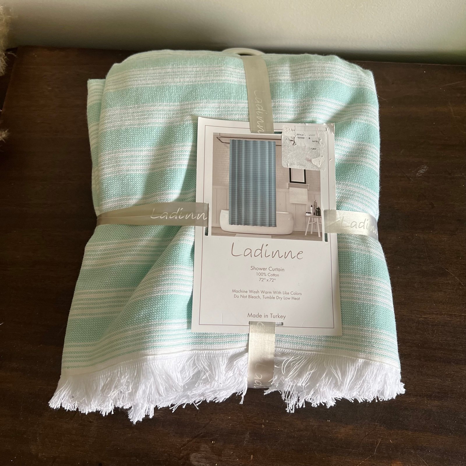 Nwt ladinne luxury made in turkey teal striped with fringe shower curtains 72x72