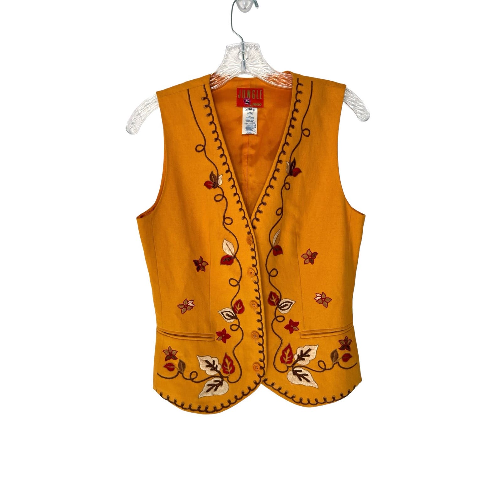 Kenzo Jungle Gold Embroidered Floral Print Linen Blend Boho Vest Size Small