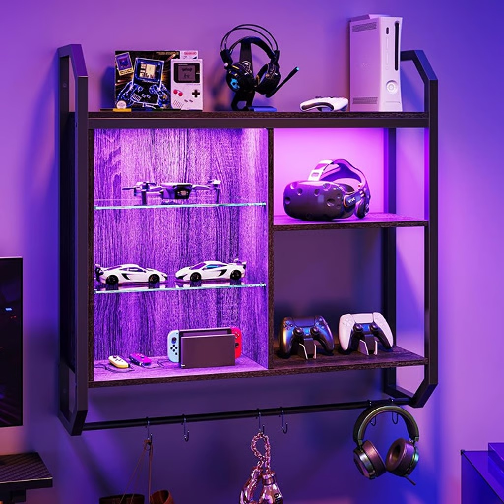 Shelves,Gaming Floating 34 LED Wall Mounted Shelf with Adjustable Glass Shelfk