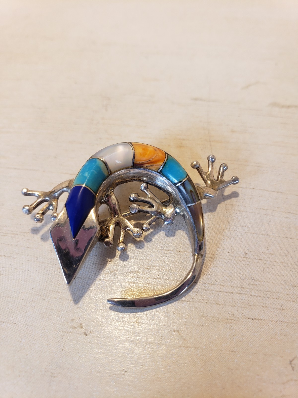 Vintage Sterling Silver Inlaid Multi Stone Zuni Lizard Brooch Pendant Signed