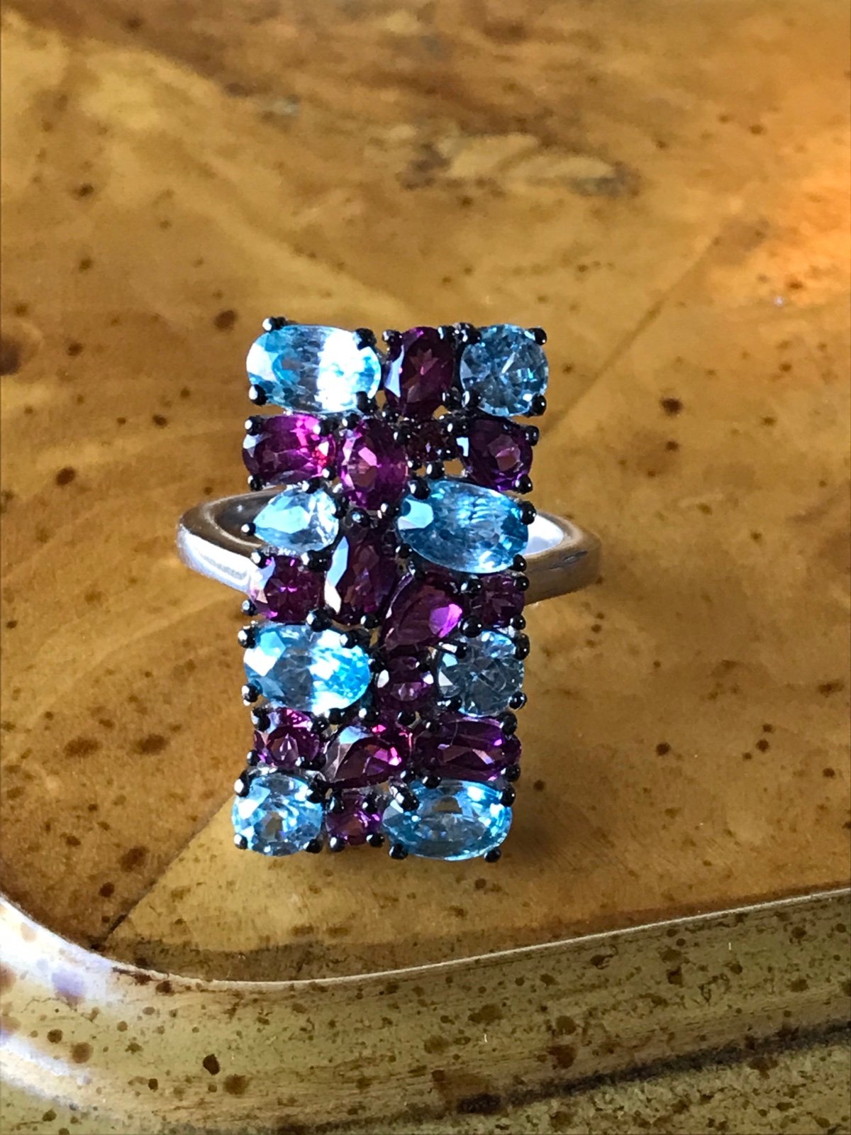 Size 6 Natural Rhodolite Garnet Blue Zircon Sterling Silver Ring