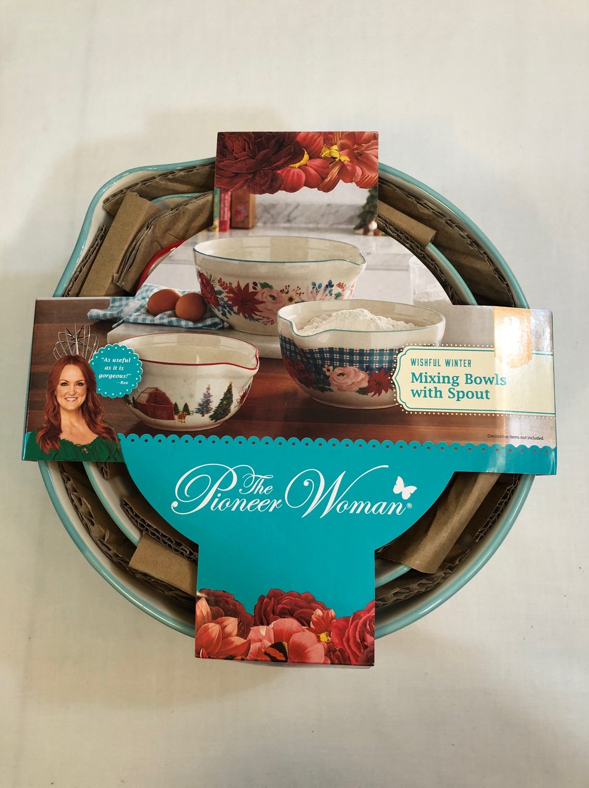 Pioneer Woman Wishful Winter 3-Piece Ceramic Mixing Bowls with Spout Floral Barn