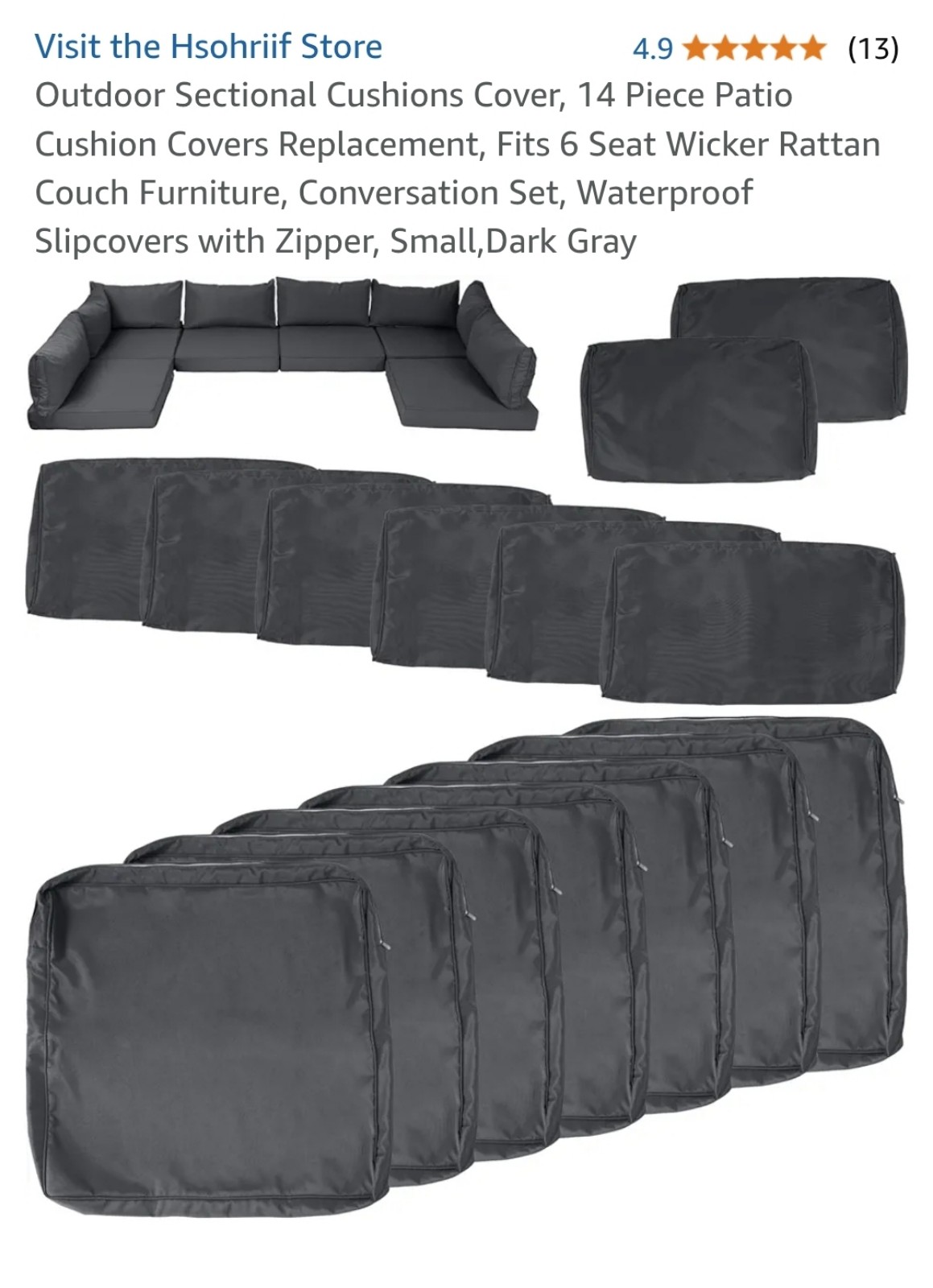 14 Piece Outdoor Sectional Patio Cushion Covers Replacement Black size 25x25x3