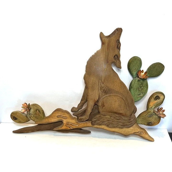 Vintage Wood Wall Hanging Sculpture Wolf Cactus 3D Copper Brass Flowers 26.5 W