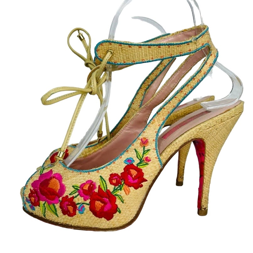 Betsey Johnson Bright Floral Embroidered Heel Peep Toe Sandals Ankle Wrap Tie