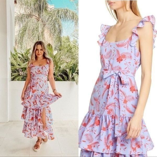 Likely Women's Juno Floral Tiered Midi Dress in Periwinkle size 12