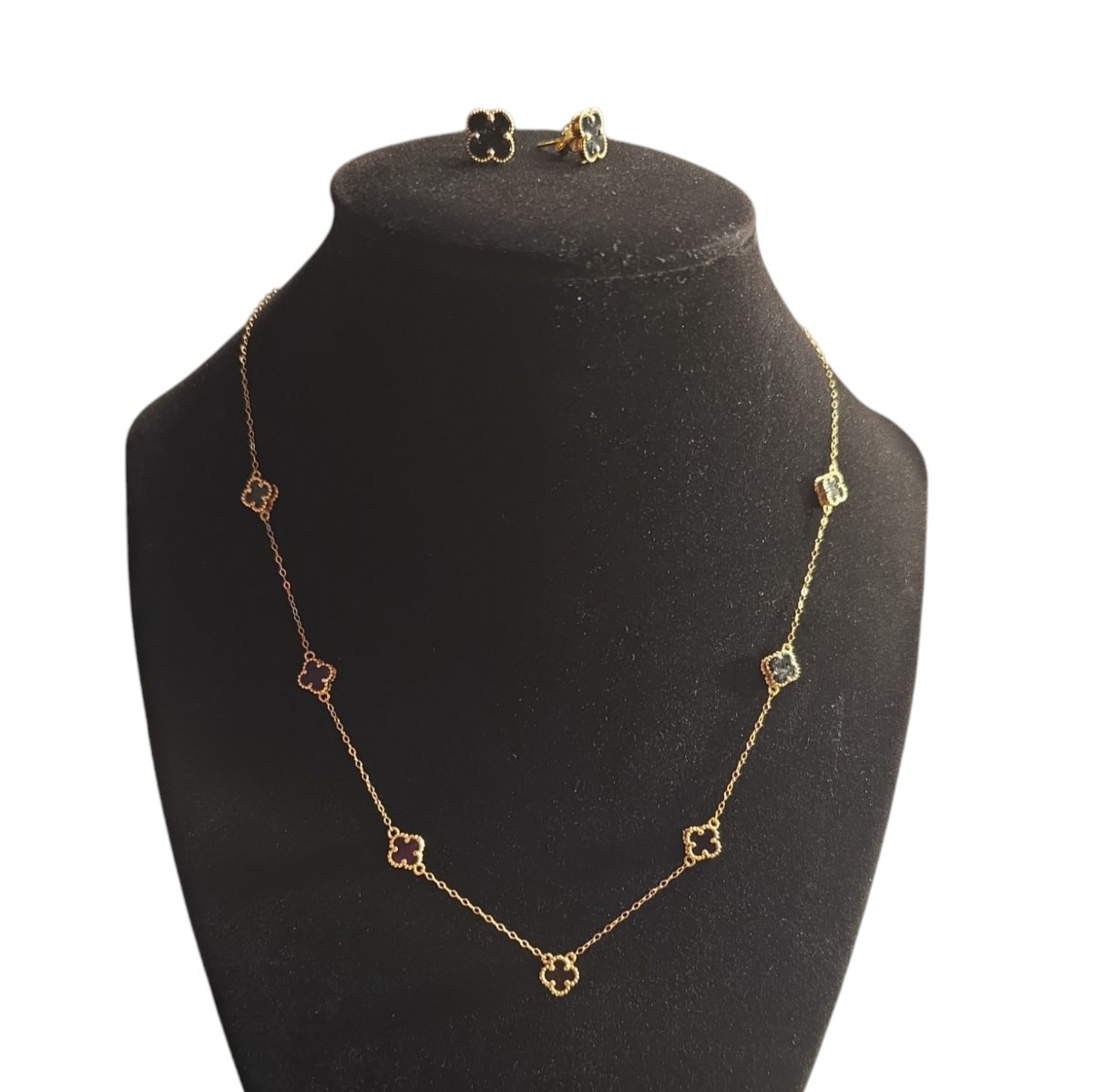 Flower Black Onyx Full Set, 18K Real Gold