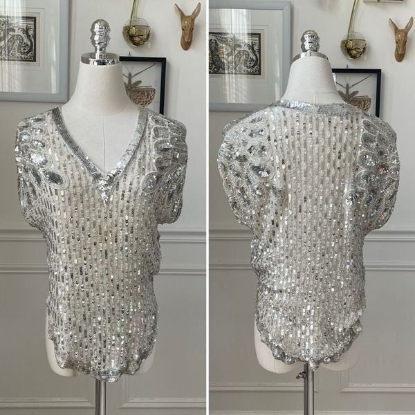 Vintage 70s Judith Ann Creations Ivory Silver Embellished Bling Sequins Pearl To