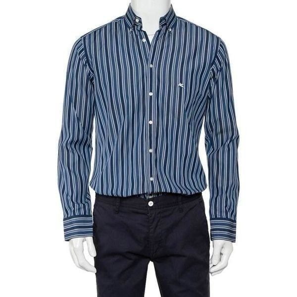 Etro Men's Blue Striped Long Sleeves Button-Down Shirt Size 37