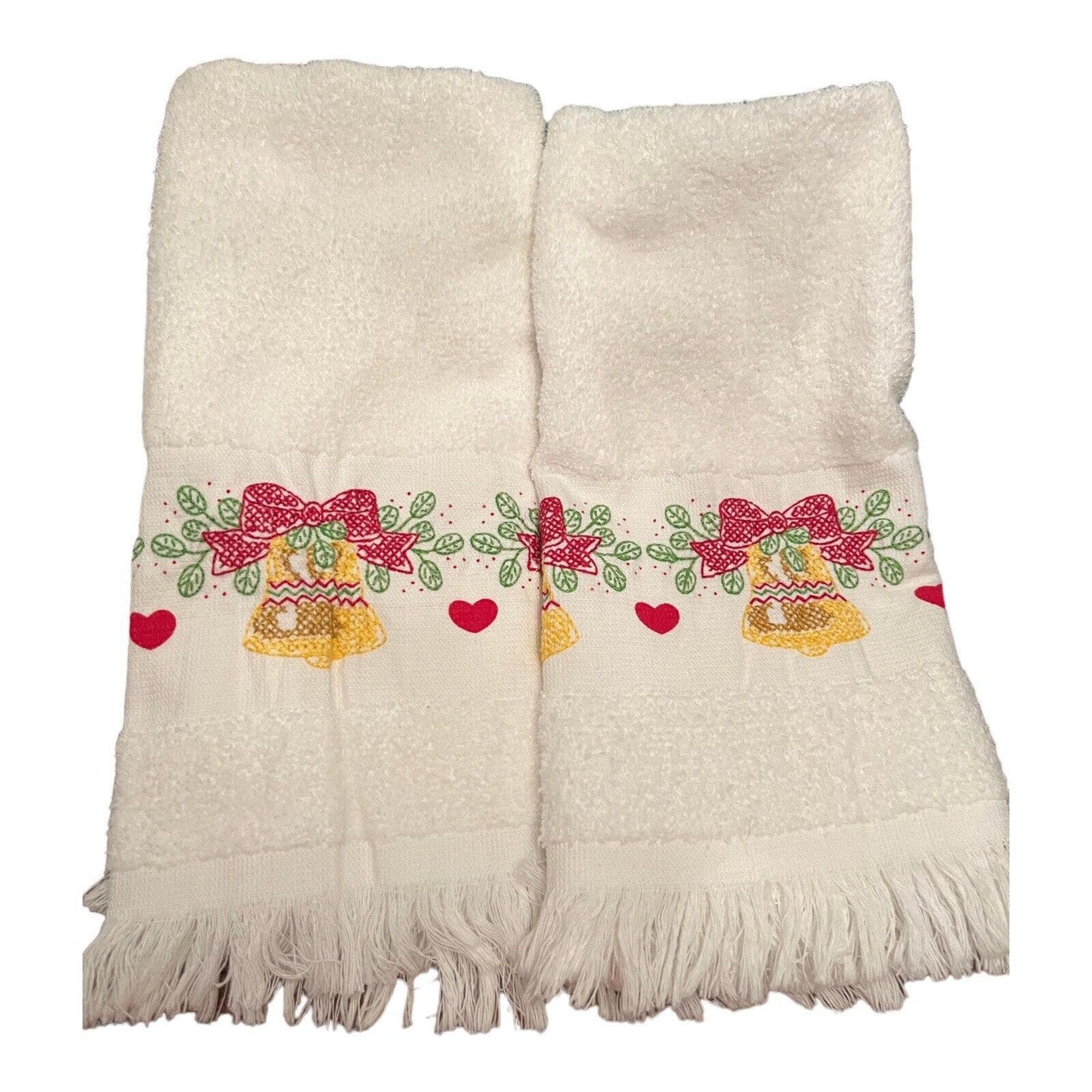 Set Of Two Vintage Crosstitch Hand Towels Christmas Bells Red Green Gold