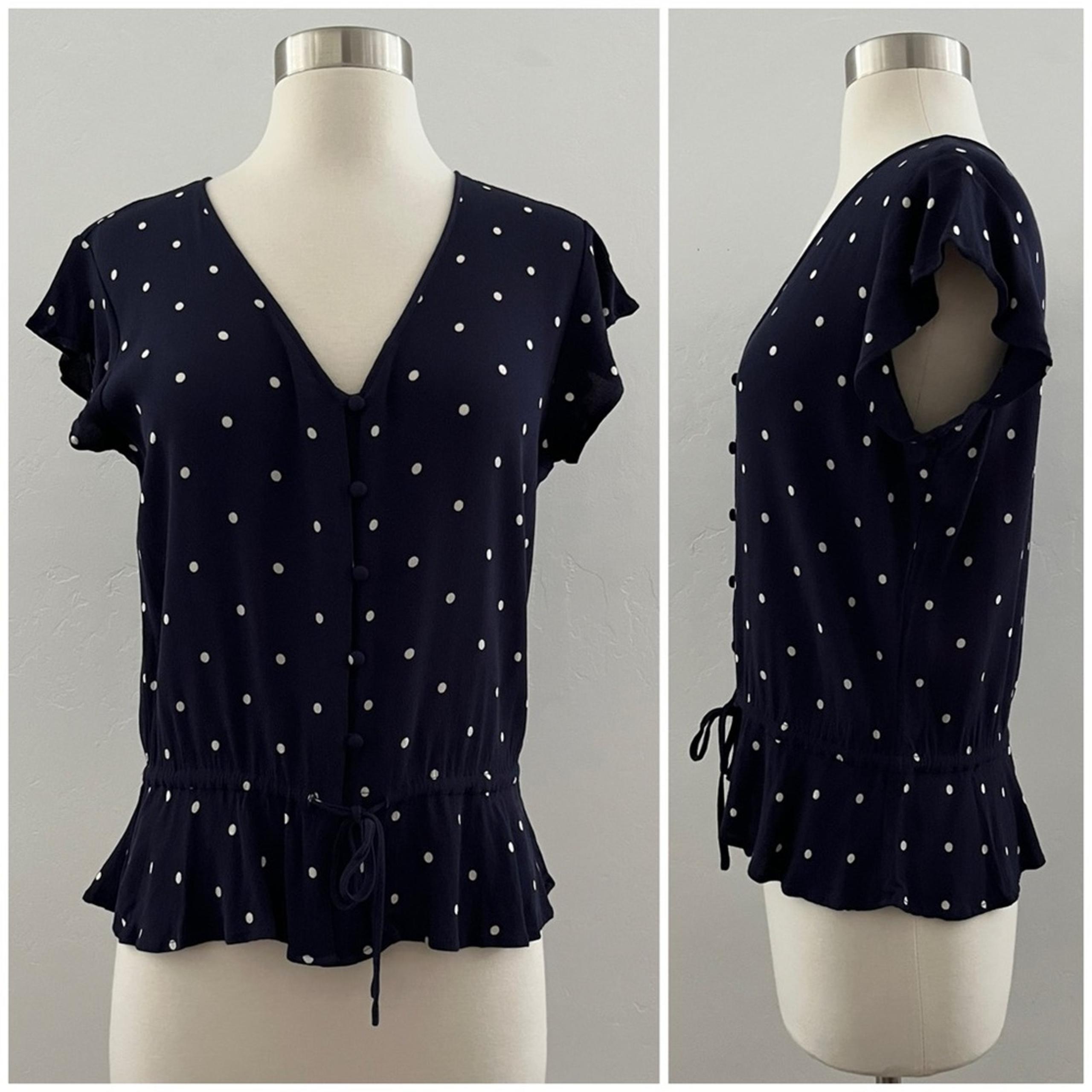 Rails Bretton Polka Dot Ruffle Flutter Top Button Tie Front Navy Blue Small