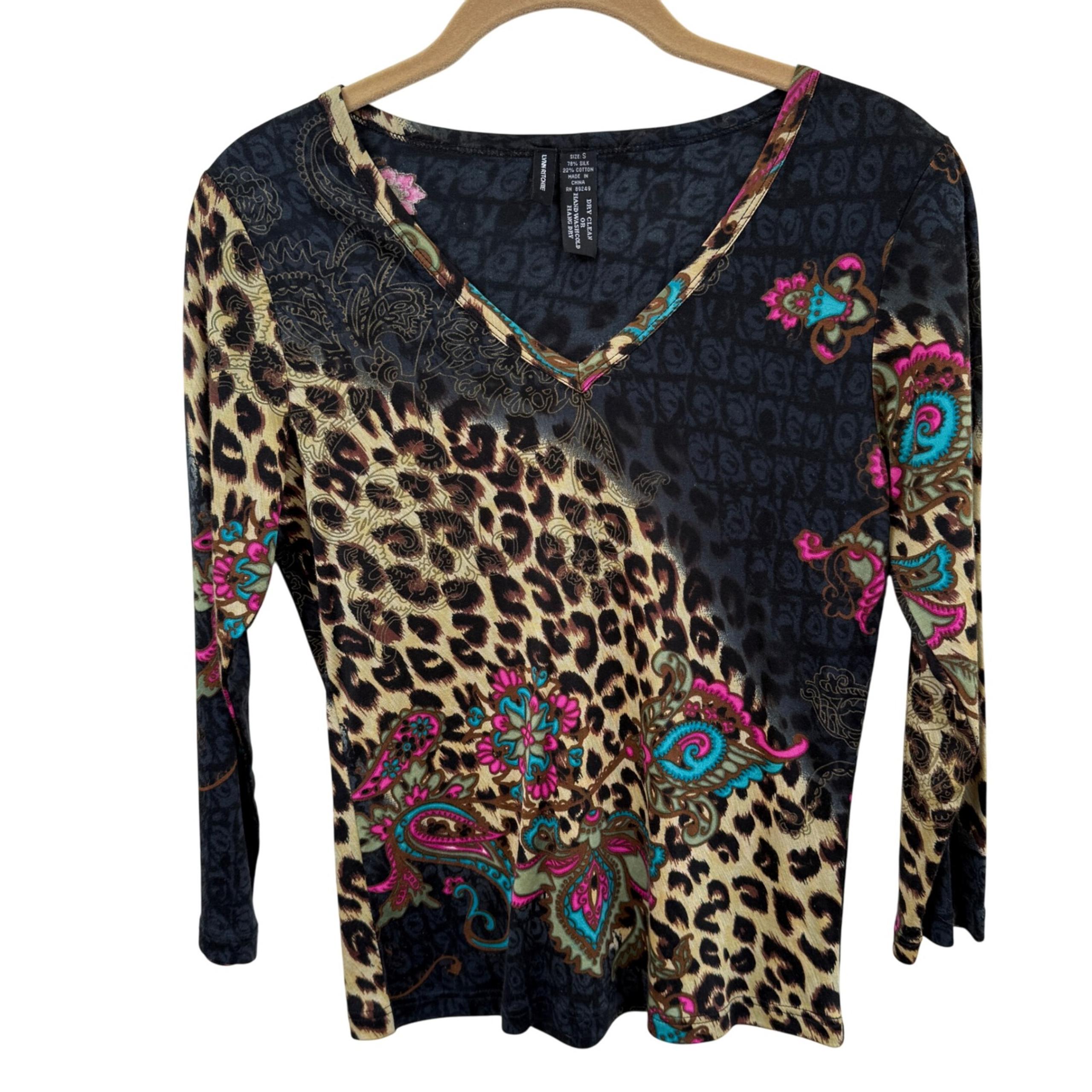 Shirt Silk Leopard Paisley Top Sz S Boho Artsy Y2K Statement Tee - Lynn Ritchie