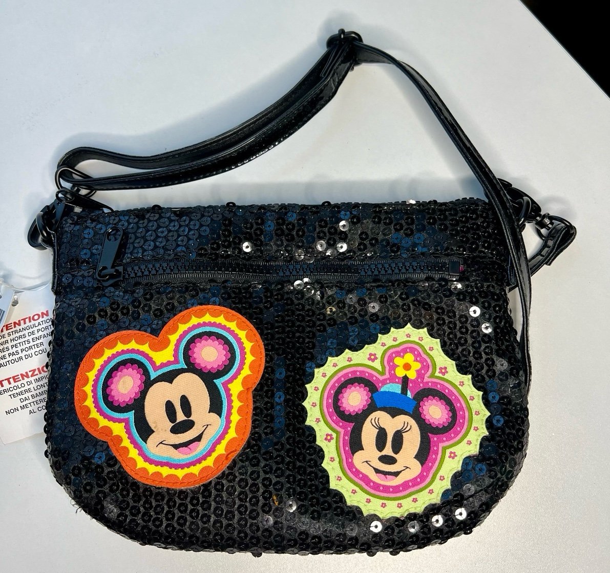 NWT Disney Mickey Minnie Mouse Black Sequin Handbag Crossbody Purse 9” X 6 ½”