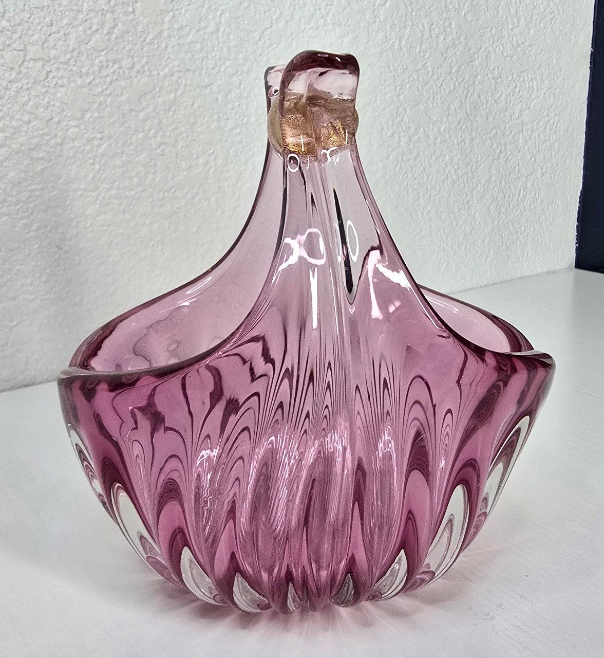 Vintage Alfredo Barbini Handmade Murano Art Glass Basket Pink & Gold Vase MCM