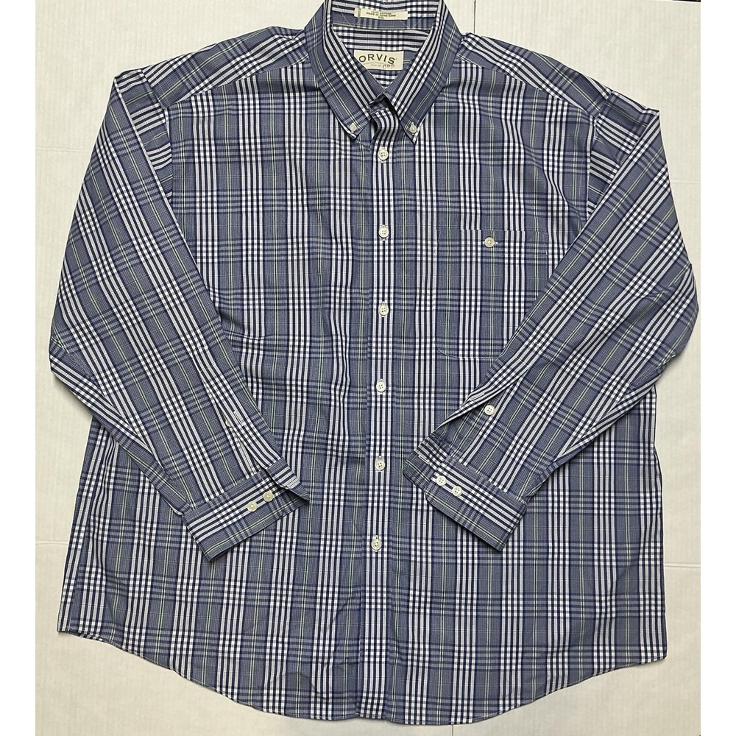 Dress Shirt Men 2XL 2XLarge Blue Plaid Pocket Long Sleeve Button Up Nice! - Orvis