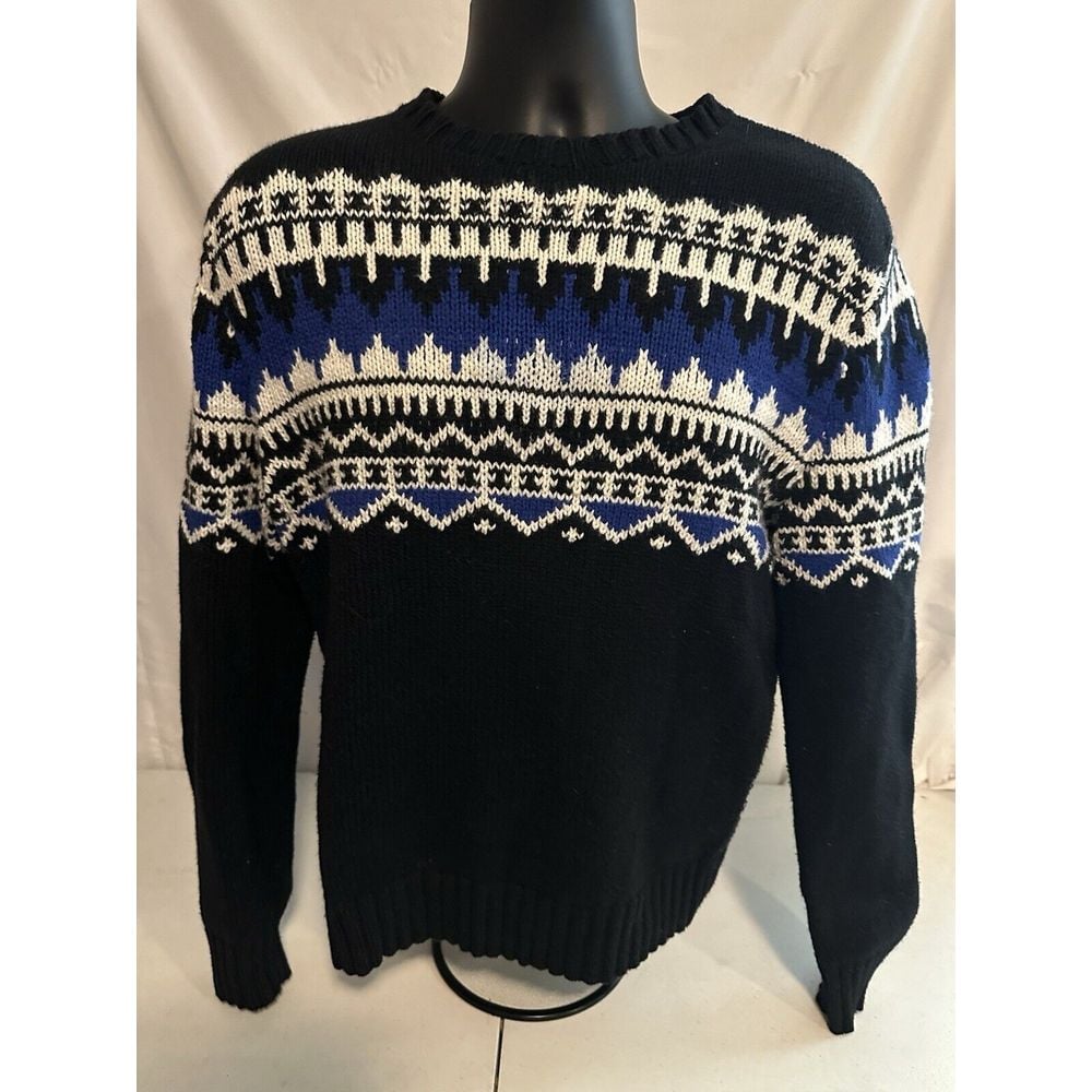Vintage 90s POLO Ralph Lauren Mens Fair Isle Sweater Blue Black Nordic Medium