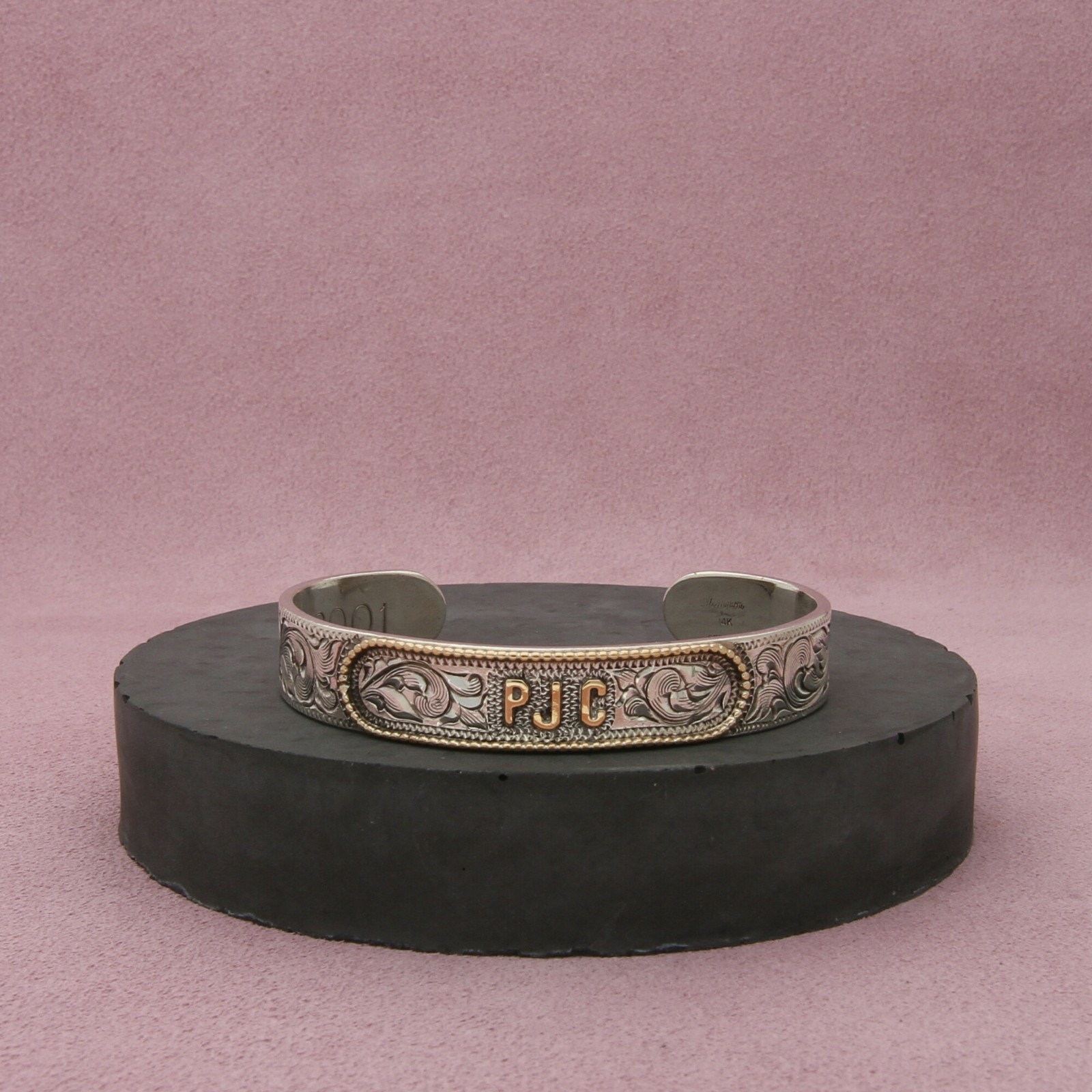 sterling silver & 14k gold etched western rodeo cuff bracelet size 6.25in