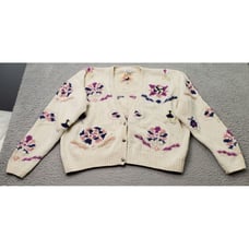 Vtg Susann D Cardigan Women Large Multi Knitted by Hand Long Sleeve Button Front