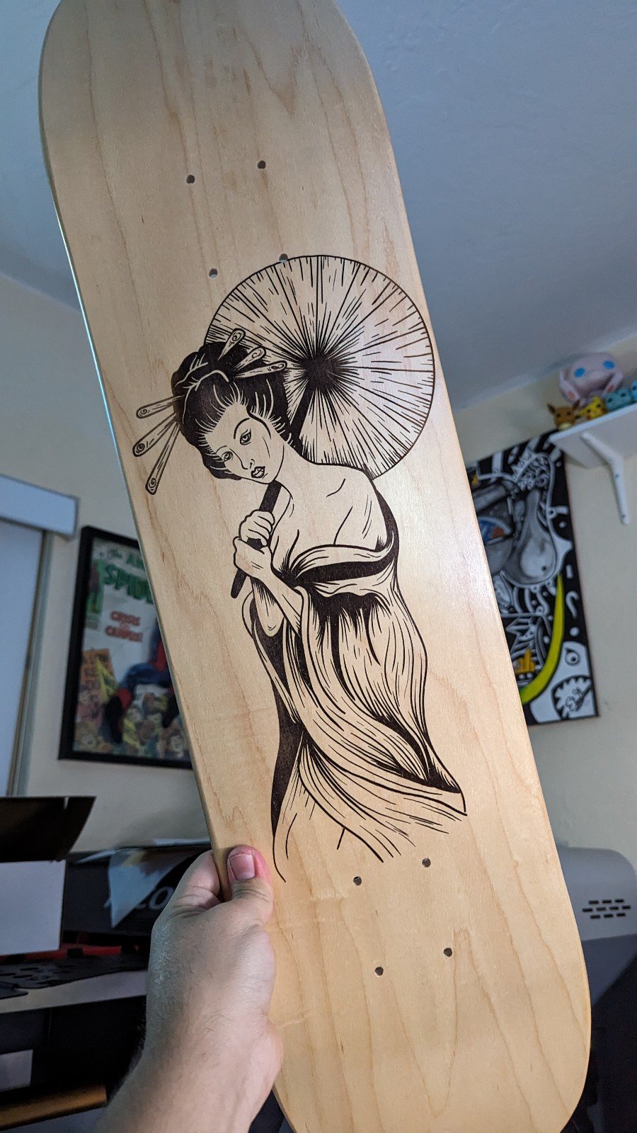 Traditional Japanese Geisha Laser Engraved Japanese Skateboard Deck