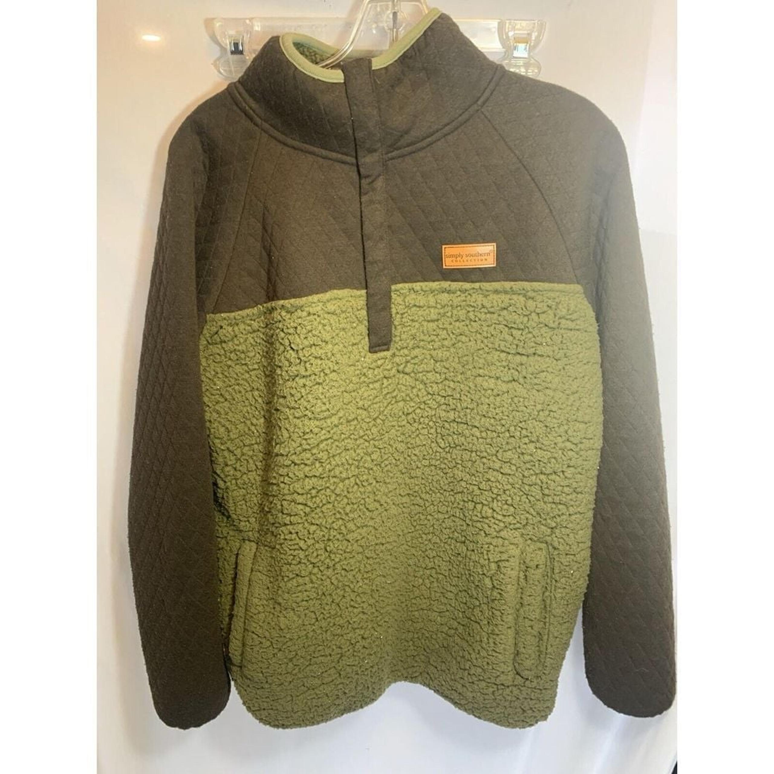 Simply Southern Sweater Womens Large Green Deep Pile Fleece 1/4 Zip  Pullover