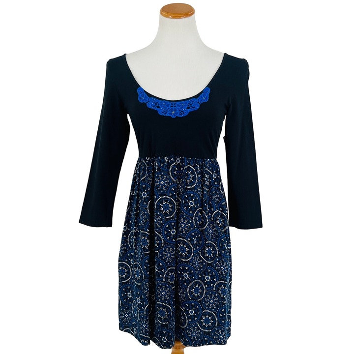 NWT Free People A-Line Blue & Black Print Dress With Crochet Lace & Beaded Detai