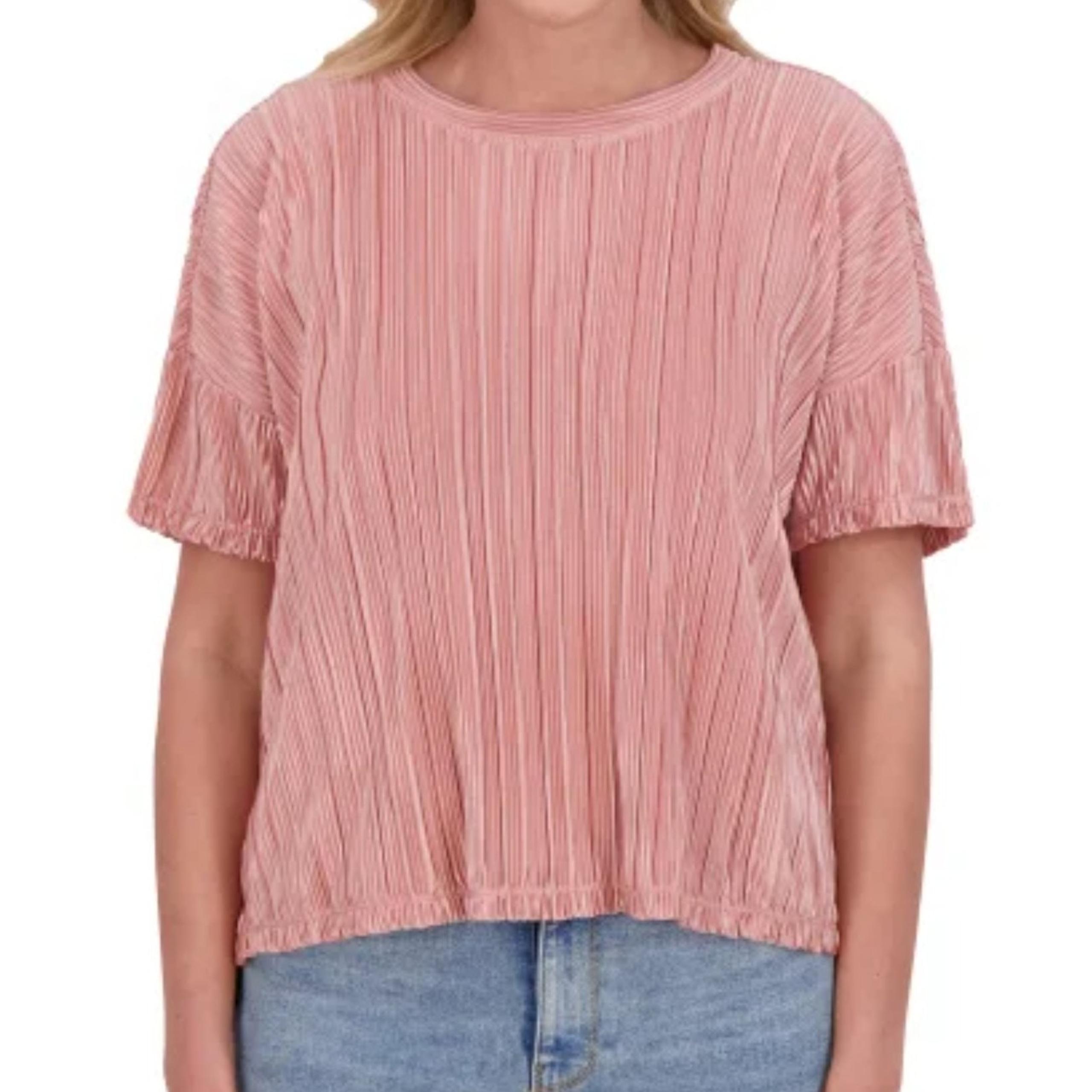 Andrew Marc Women's Short Sleeved Plisse Blouse Pink Boxy Lightweight XXL