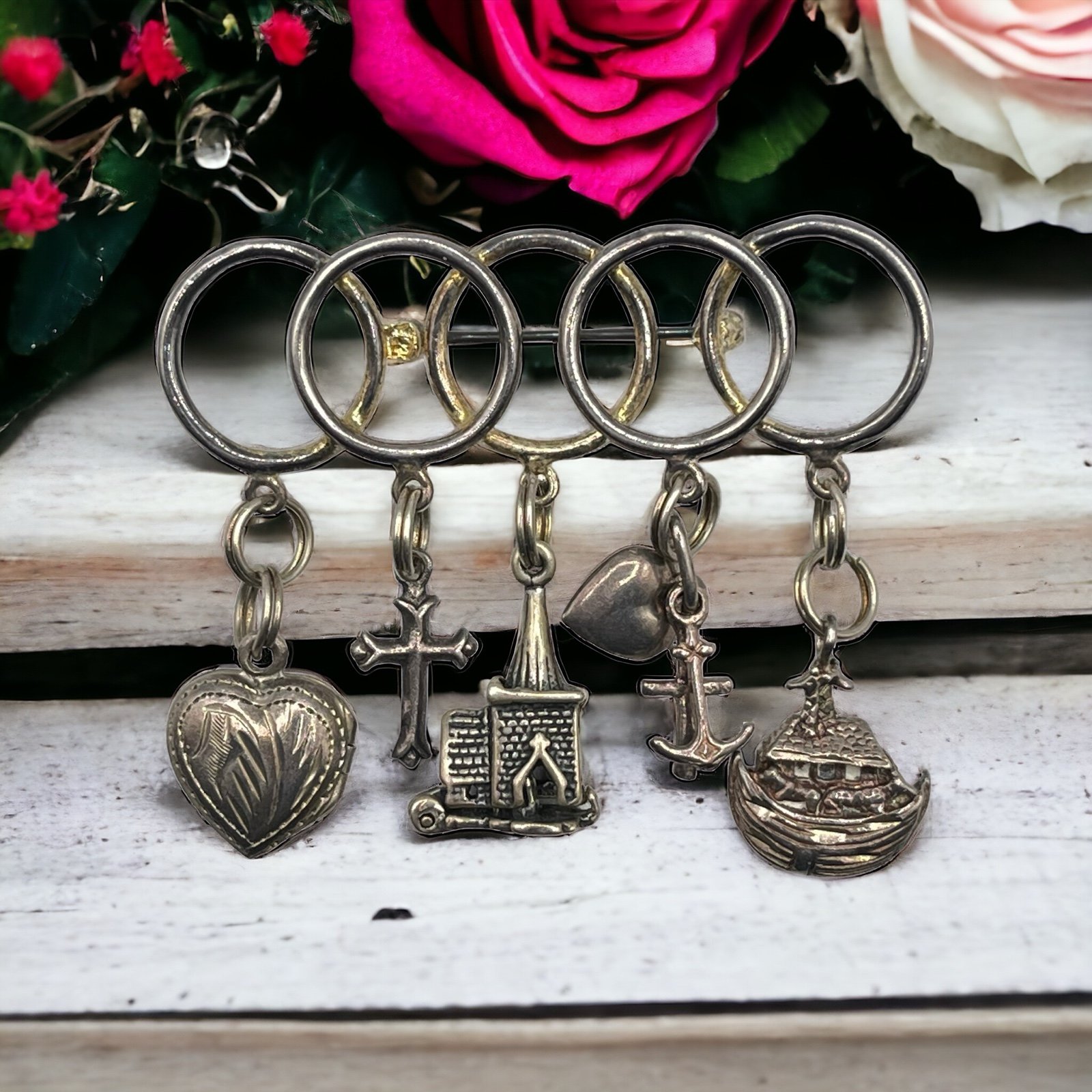 Vintage Chatelaine Charm Heart Cross Church Noah Ark Anchor Religion Brooch Pin