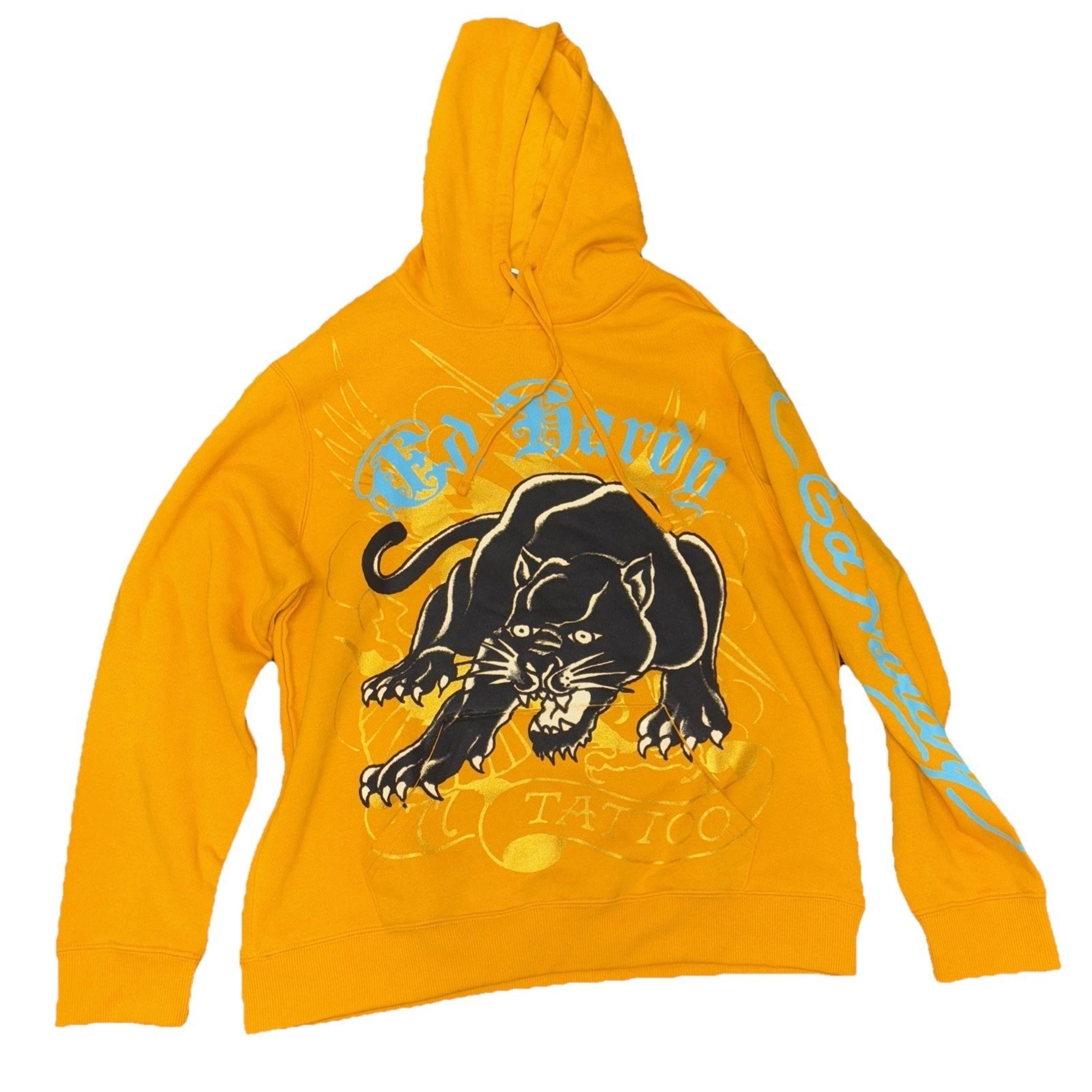 Y2K Ed Hardy Men's Crouching Panther Hoodie Marigold Yellow Size Large NWT
