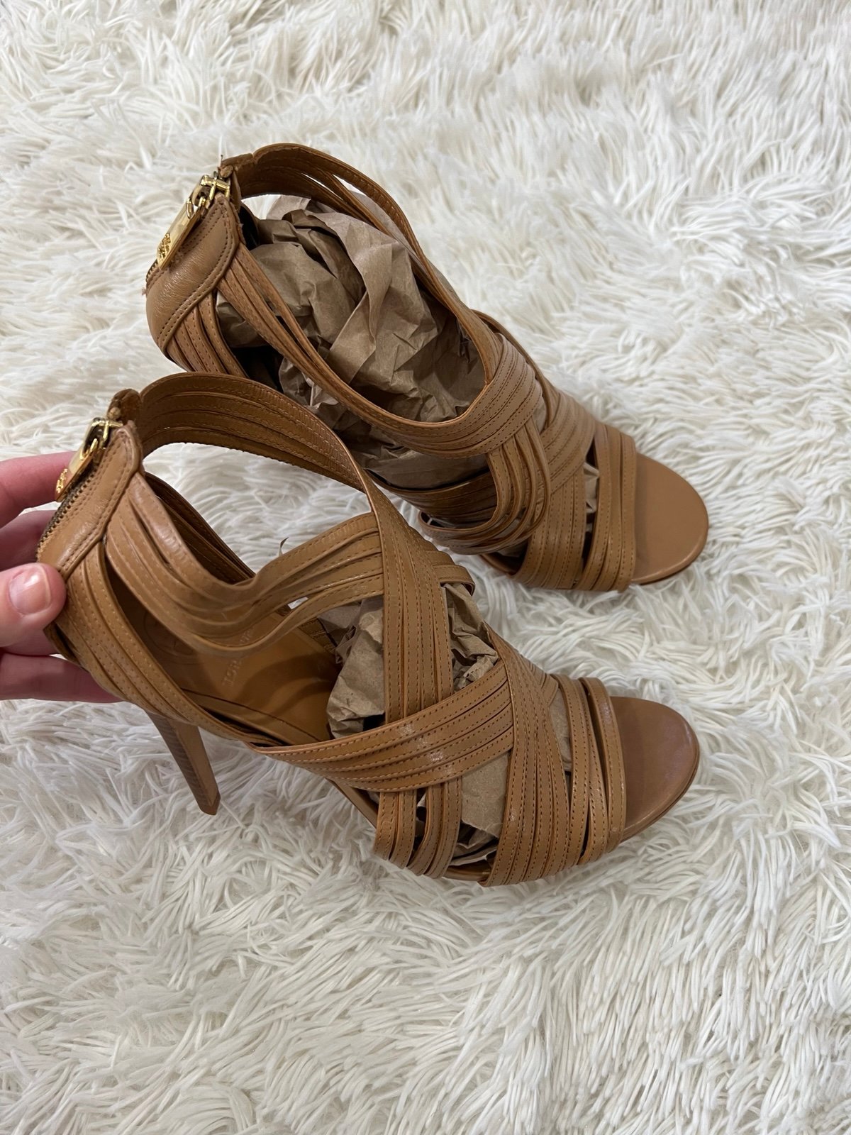 TORY BURCH Liv Crisscross Tan Leather Sandal Heels - Size 10 - NWT