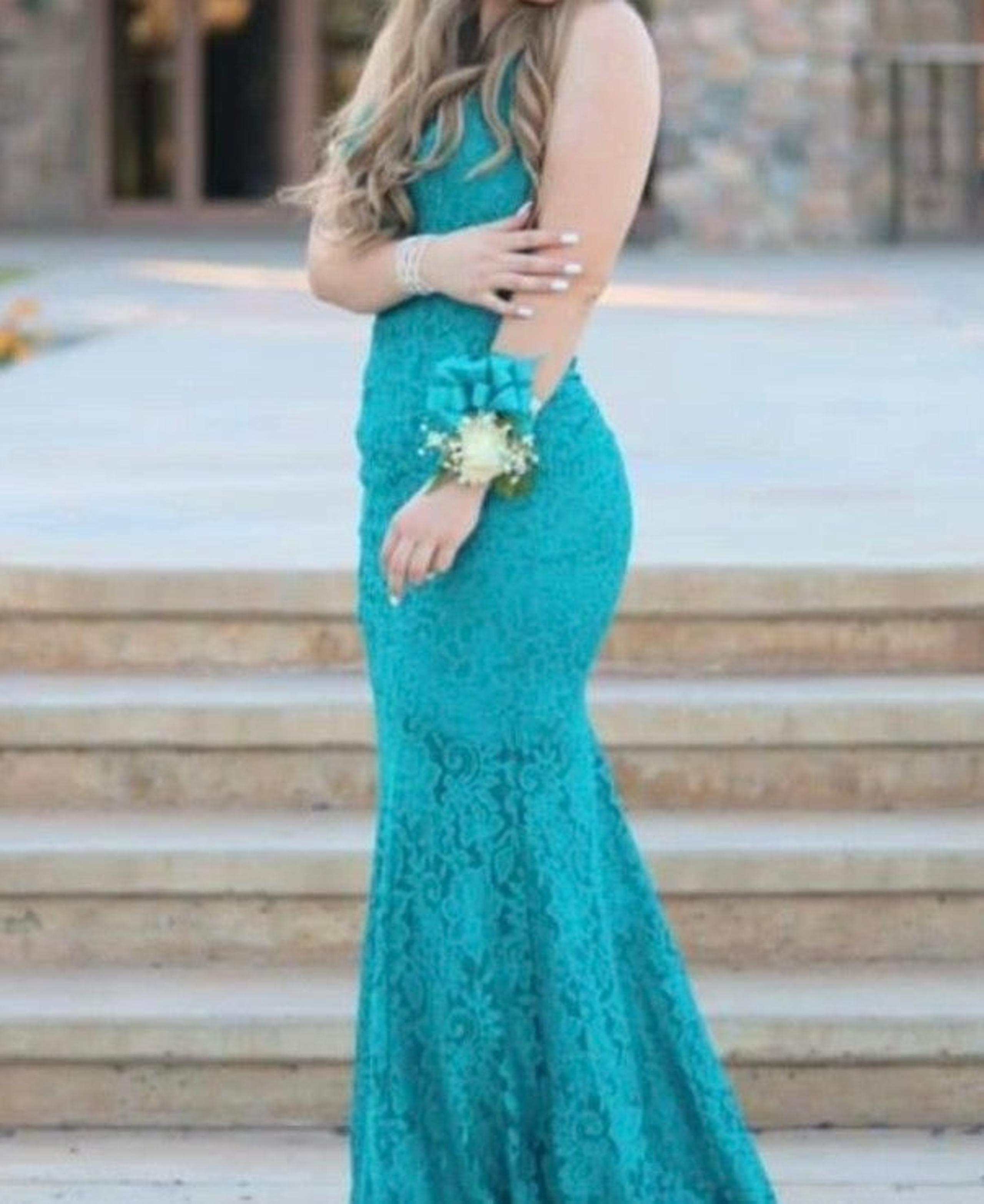 Sherri Hill Aqua Blue Gown Formal Dress Illusion Lace Floral 00 XS