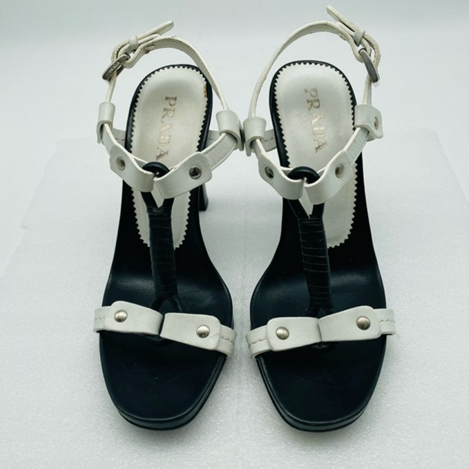 Prada women's strap heel sandals black & white size EU35.5(US5.5)