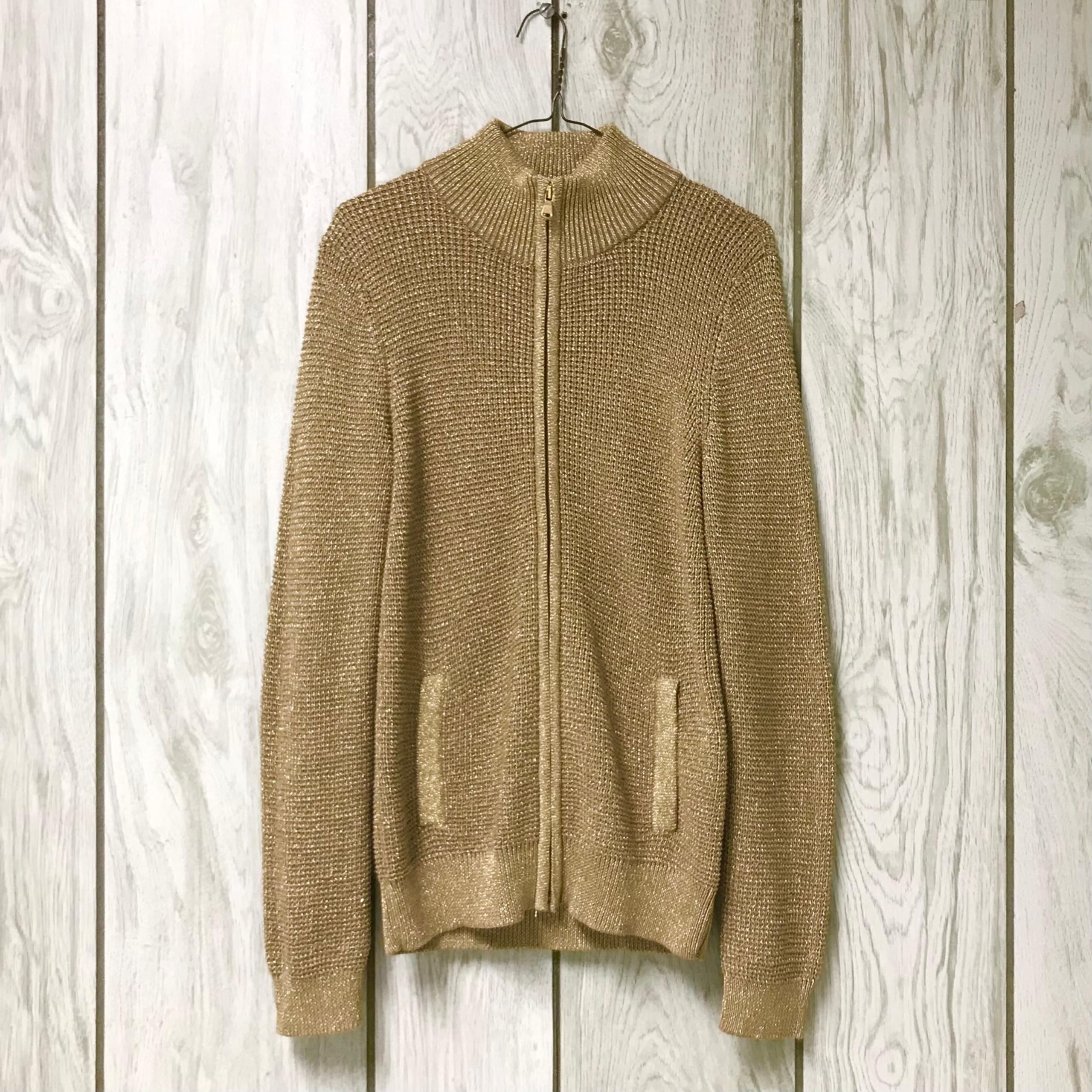 L-RL Ralph Lauren Active Women Gold Metallic Mock Neck Ribbed Knit Zip Sweater M