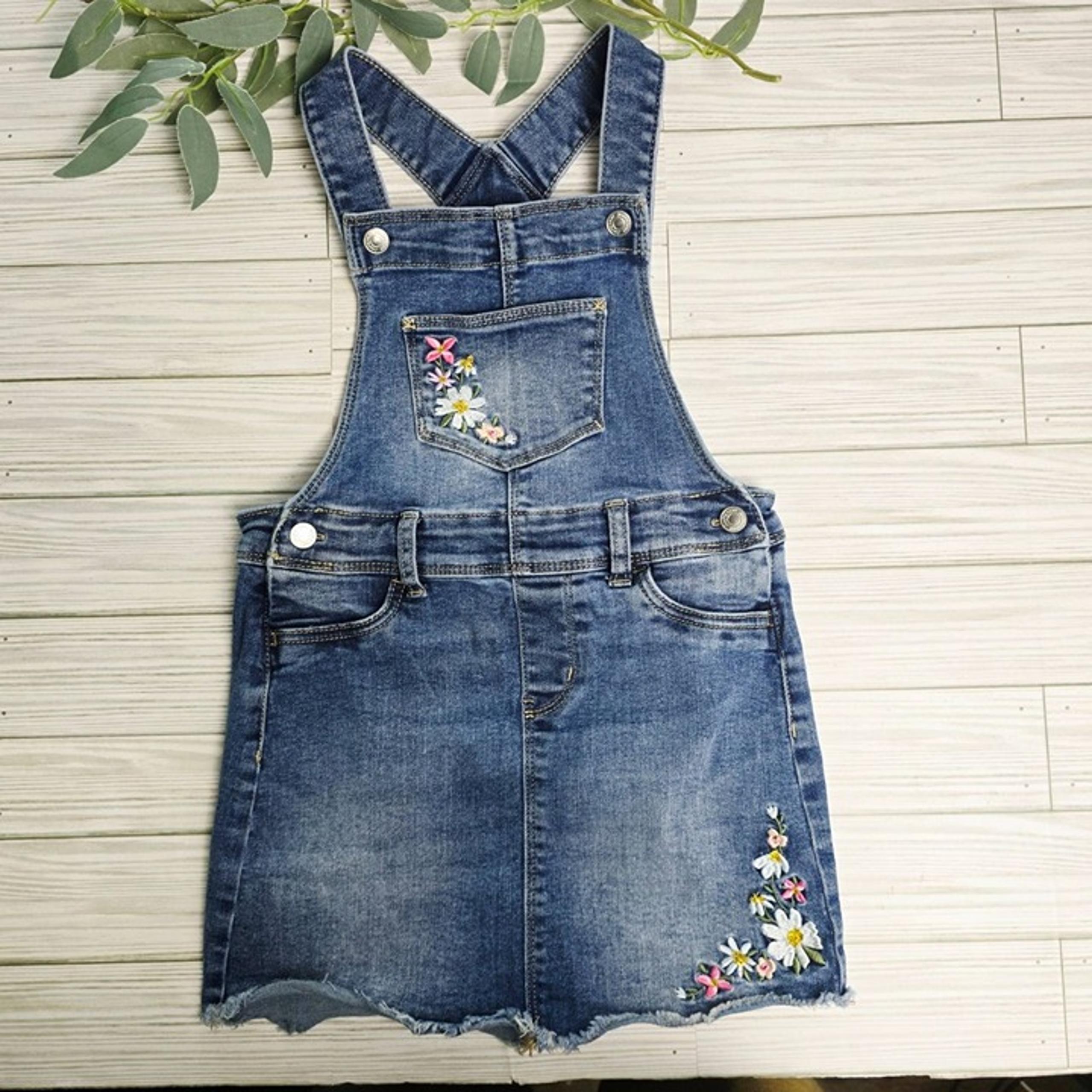 Jumping Beans Dress Girls Size 6 Blue Overall Dress Denim Embroidered Floral