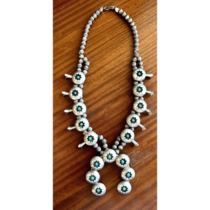 Vintage Southwestern Fluted Bench bead Turquoise Squash Blossom Necklace
