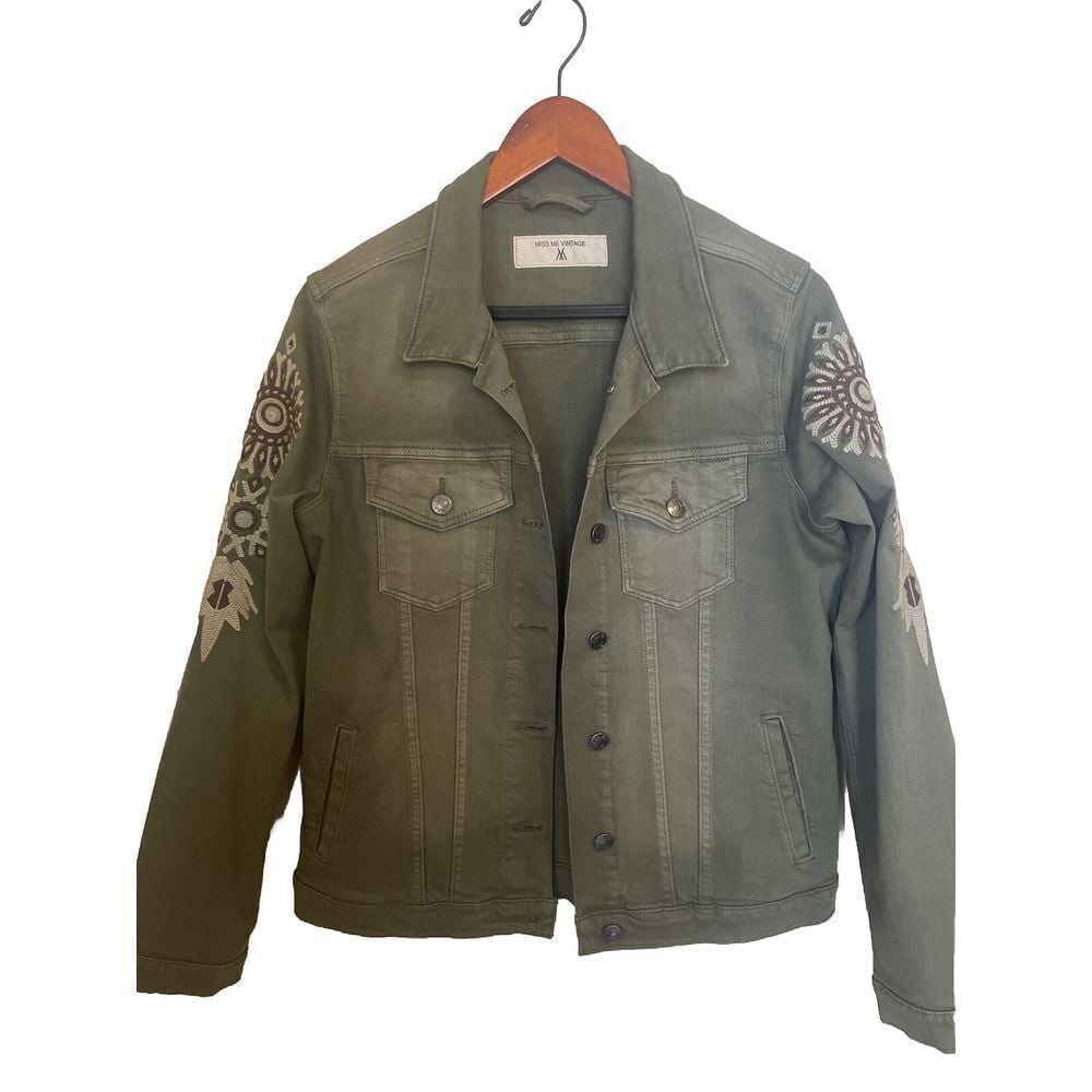 Miss Me Jacket Women's Medium Floral Embroidered Artsy Boho Army Green Denim