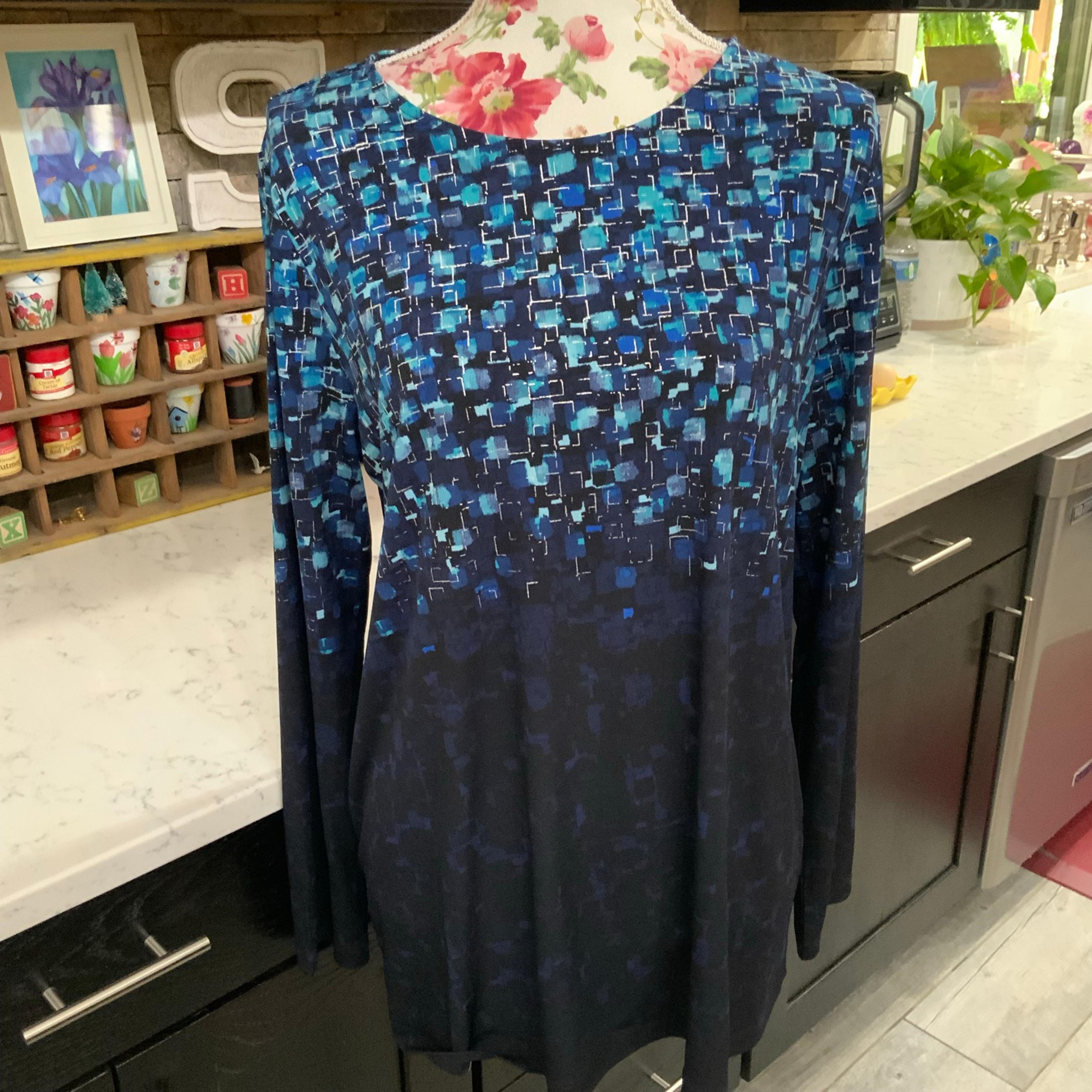 Susan Graver Liquid Knit Women Size Large Tunic Blouse Blue Long Sleeve Stretch