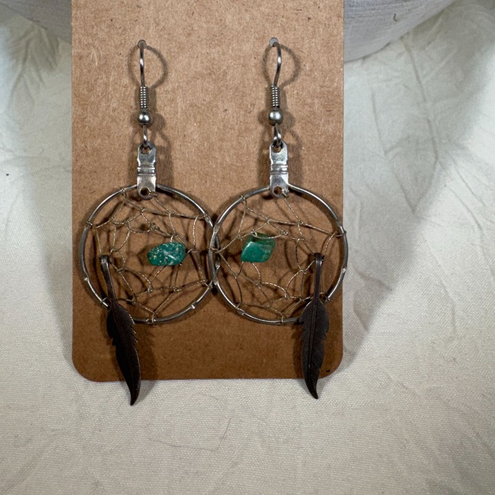 Dreamcatcher Earrings Turquoise Stone & Sterling Silver Feather Charms - Boho