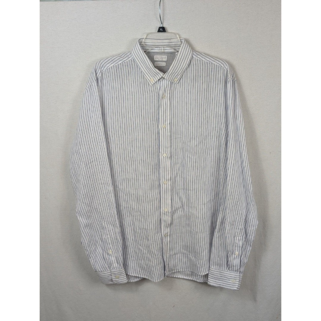 Brunello Cucinelli Leisure Fit Striped Button Down Shirt White Men's Size 2XL