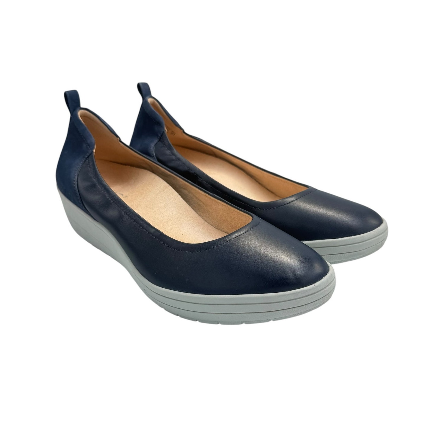 Vionic Jacey NWOB Navy Blue Leather Suede Wedge Slip On Casual Comfort Shoes