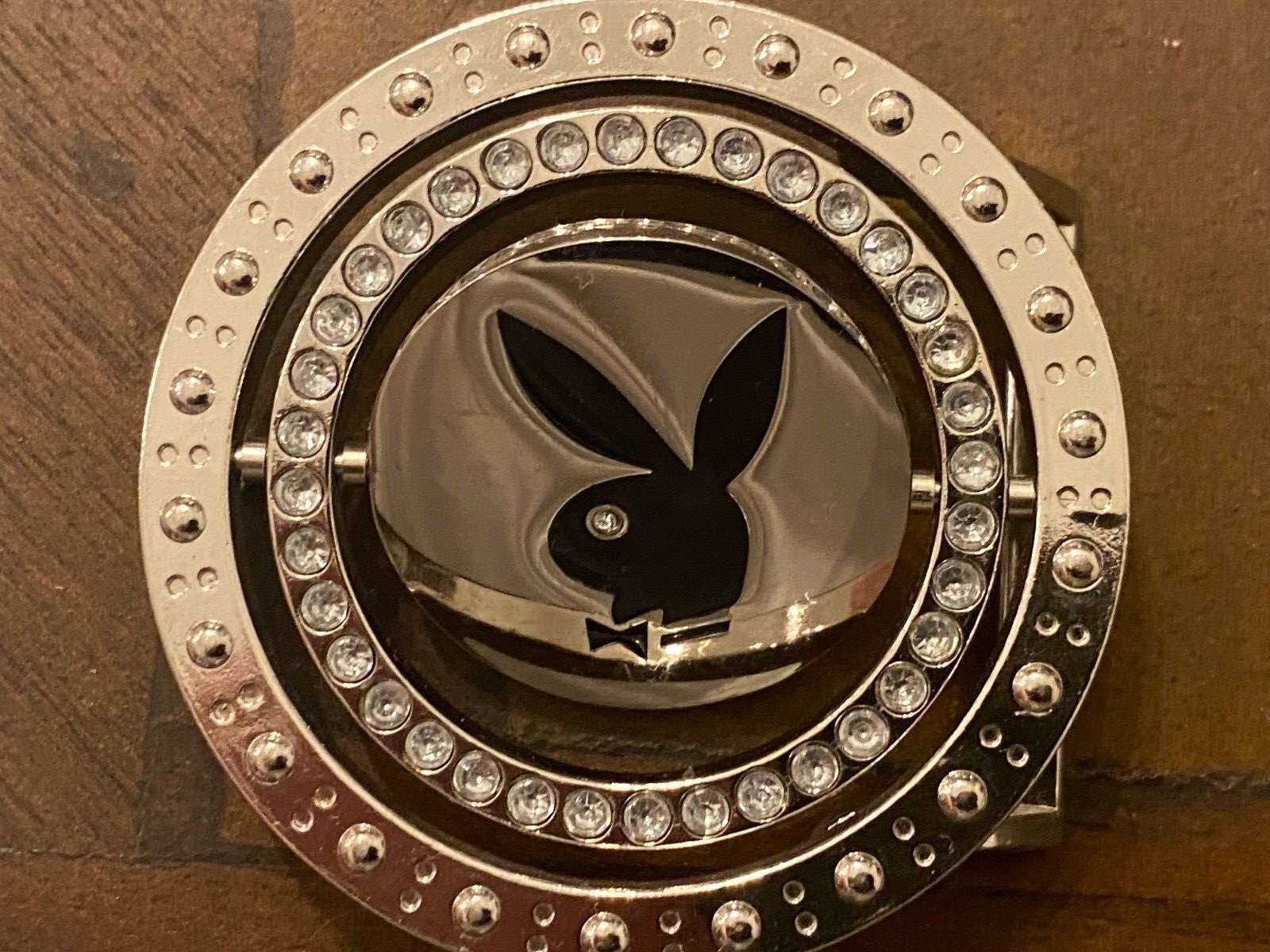 Playboy Spinning Belt Buckle Rhinestone Rare Silver Tone