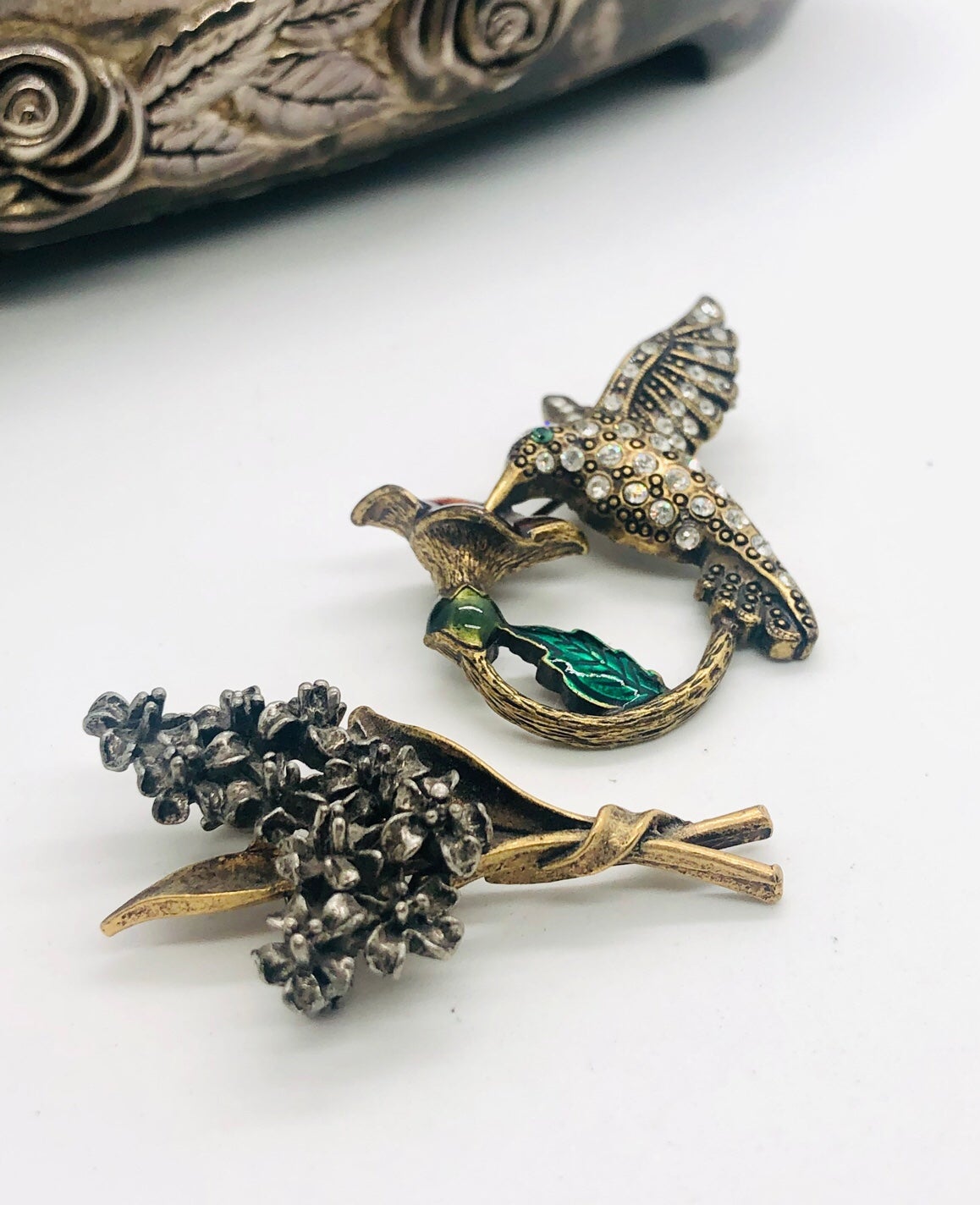 Vintage Signed Flower Bouquet & Hummingbird Brooch