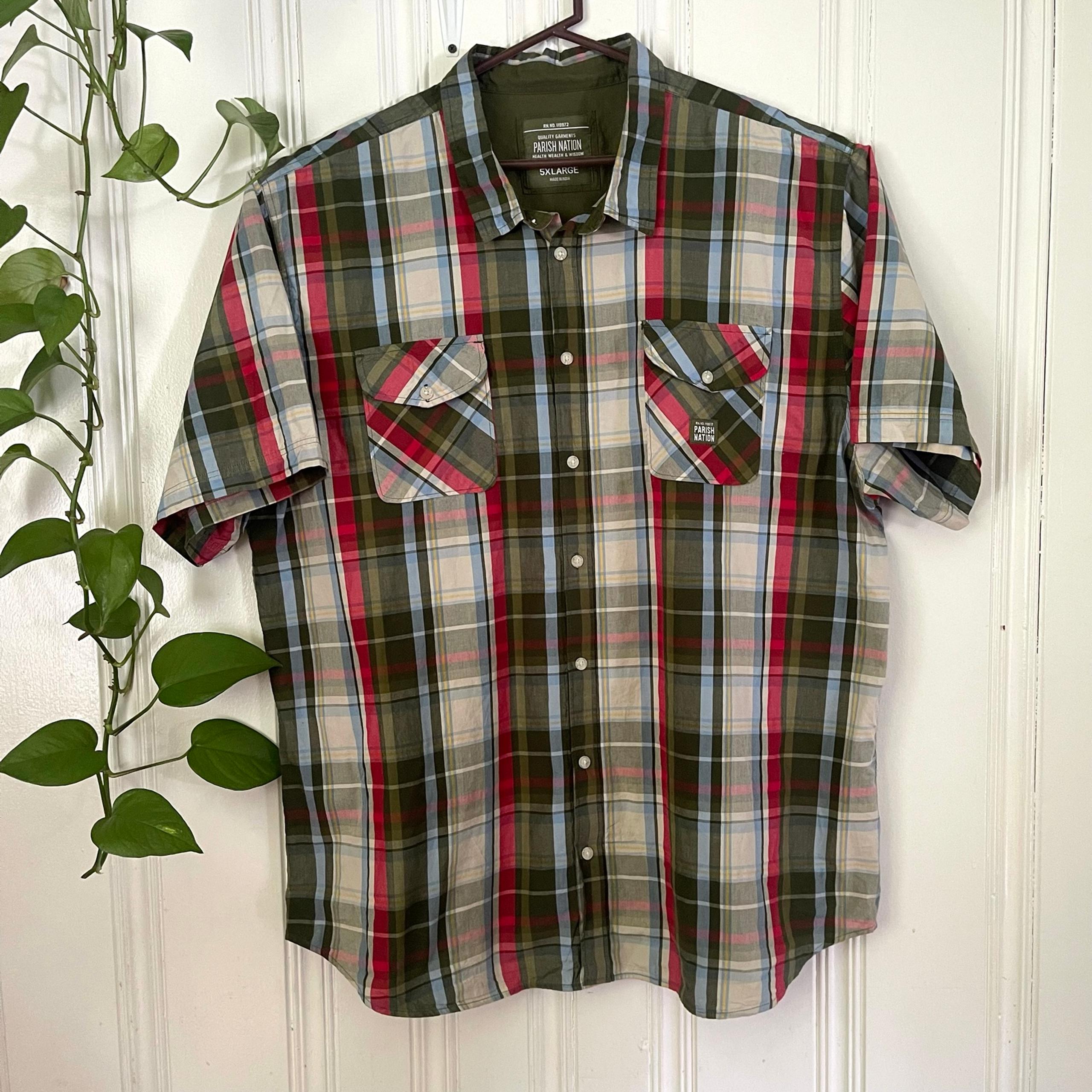 Parish Nation Men’s Green Plaid Button Down Short Sleeve Shirt Size 5XL