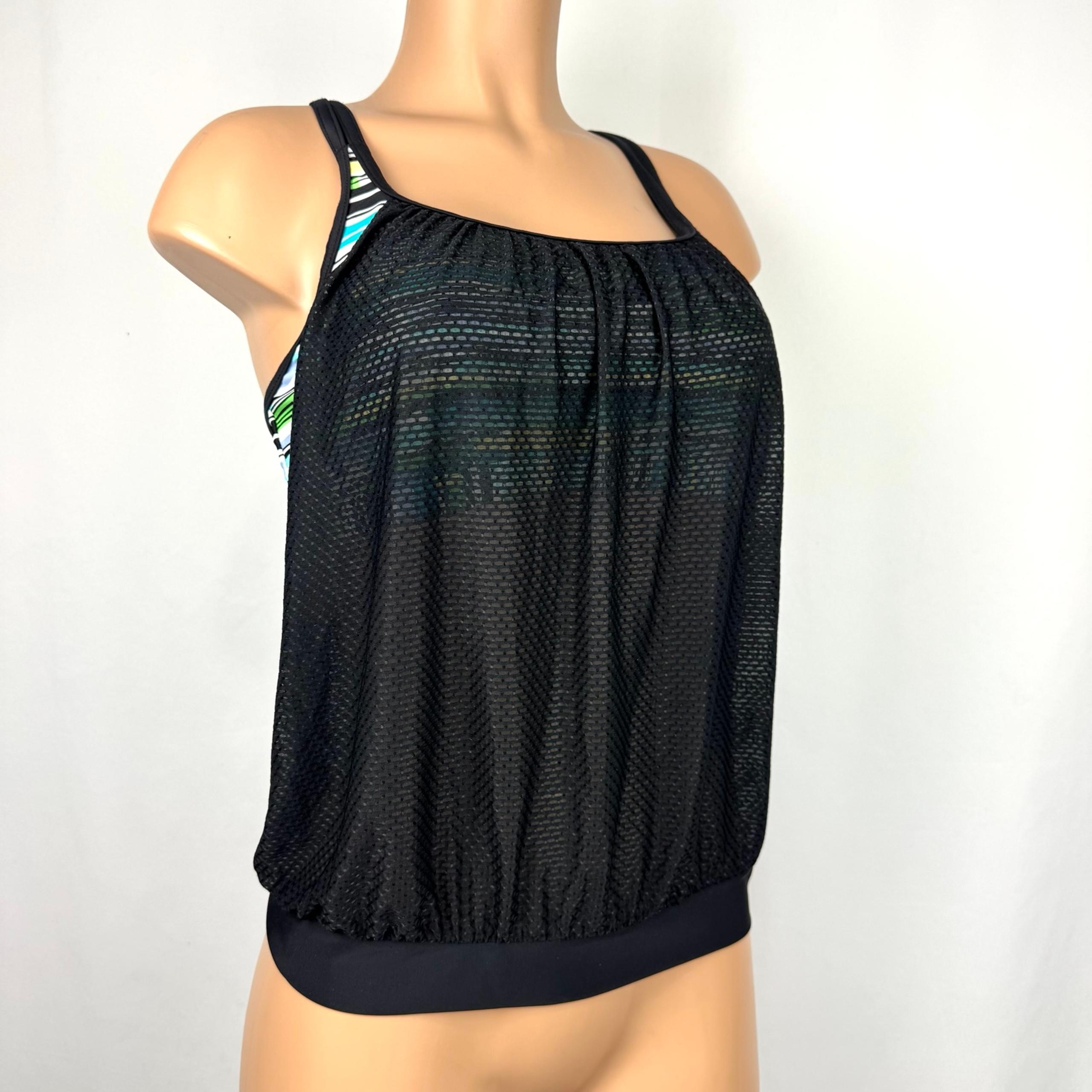 ZeroXposur Womens Sz 12 Black Blue Mesh Ruched Sides UPF 30 Tankini Top Swimsuit
